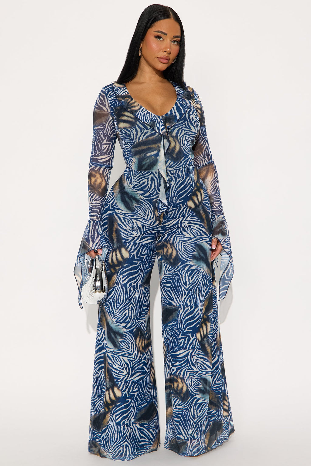 Lorelli Ruffle Mesh Jumpsuit - Blue/combo