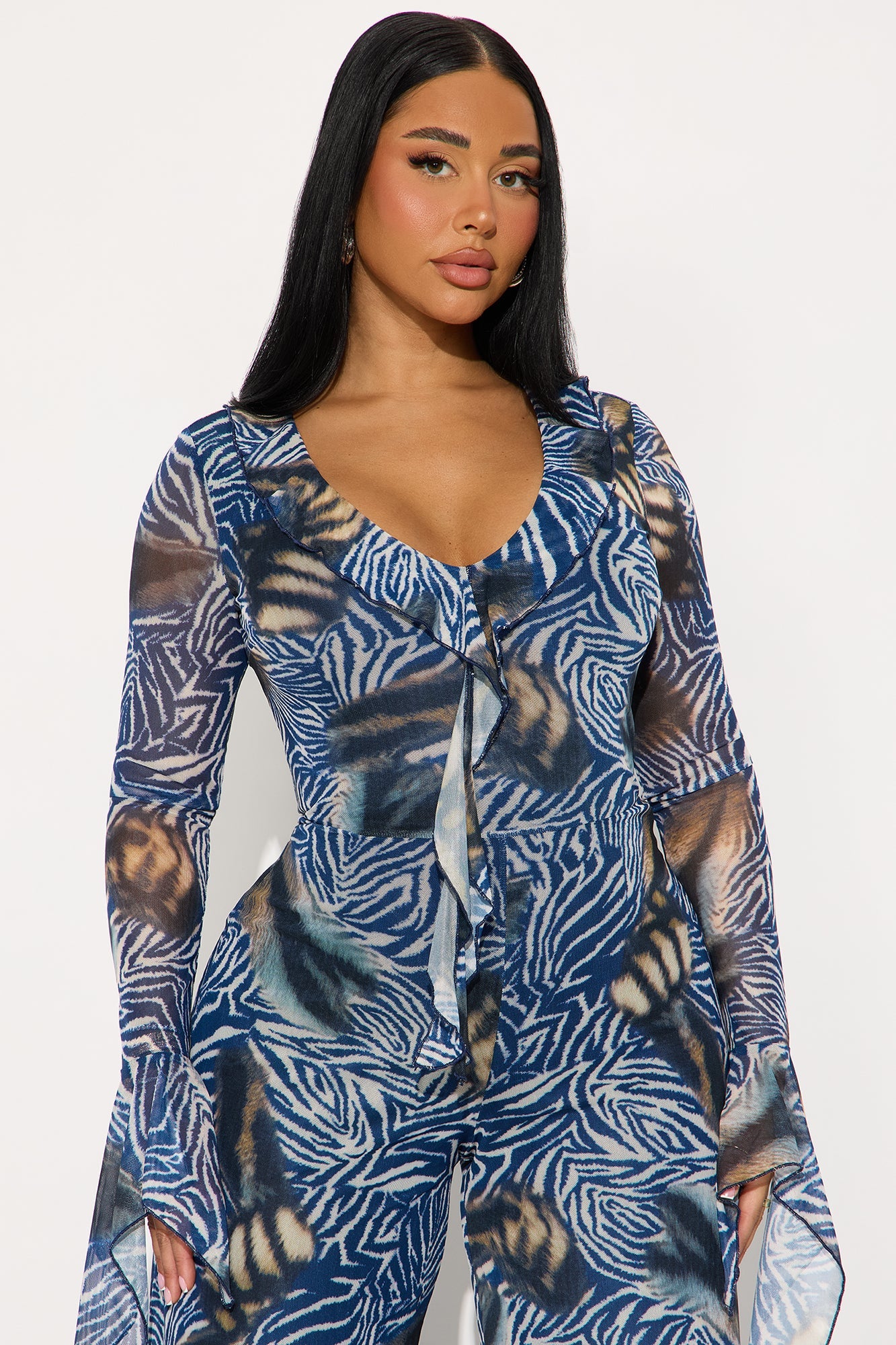 Lorelli Ruffle Mesh Jumpsuit - Blue/combo