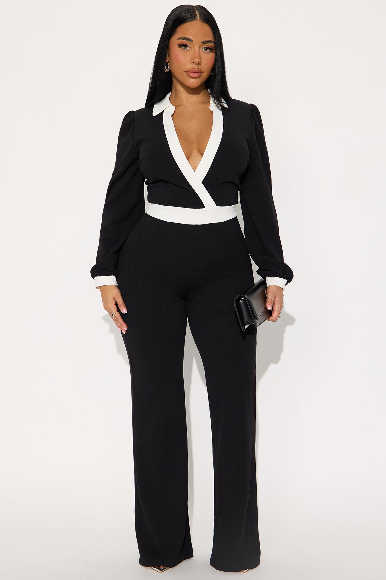 Valeria Long Sleeve Wide Leg Jumpsuit - Black/White