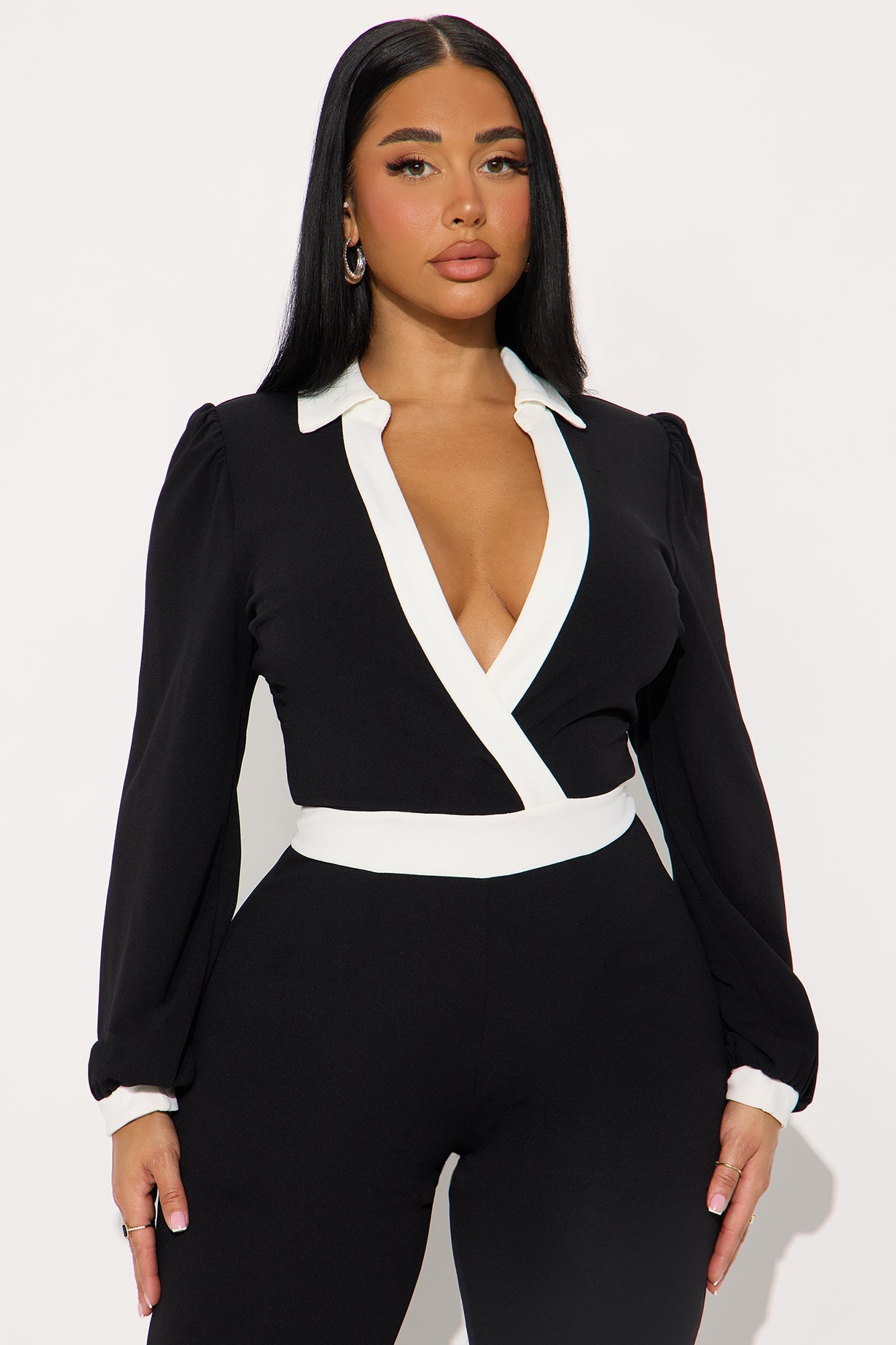 Valeria Long Sleeve Wide Leg Jumpsuit - Black/White