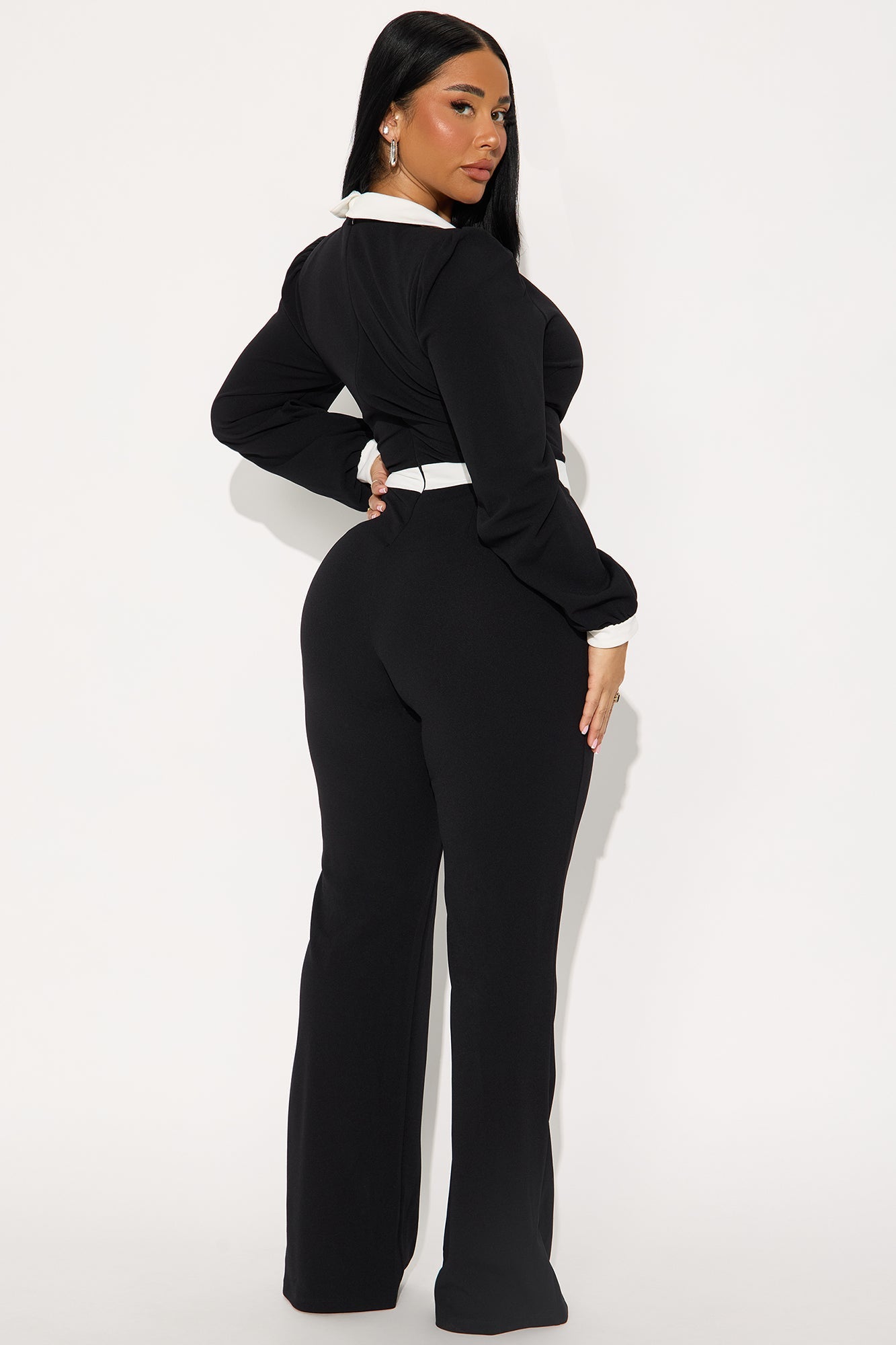 Valeria Long Sleeve Wide Leg Jumpsuit - Black/White