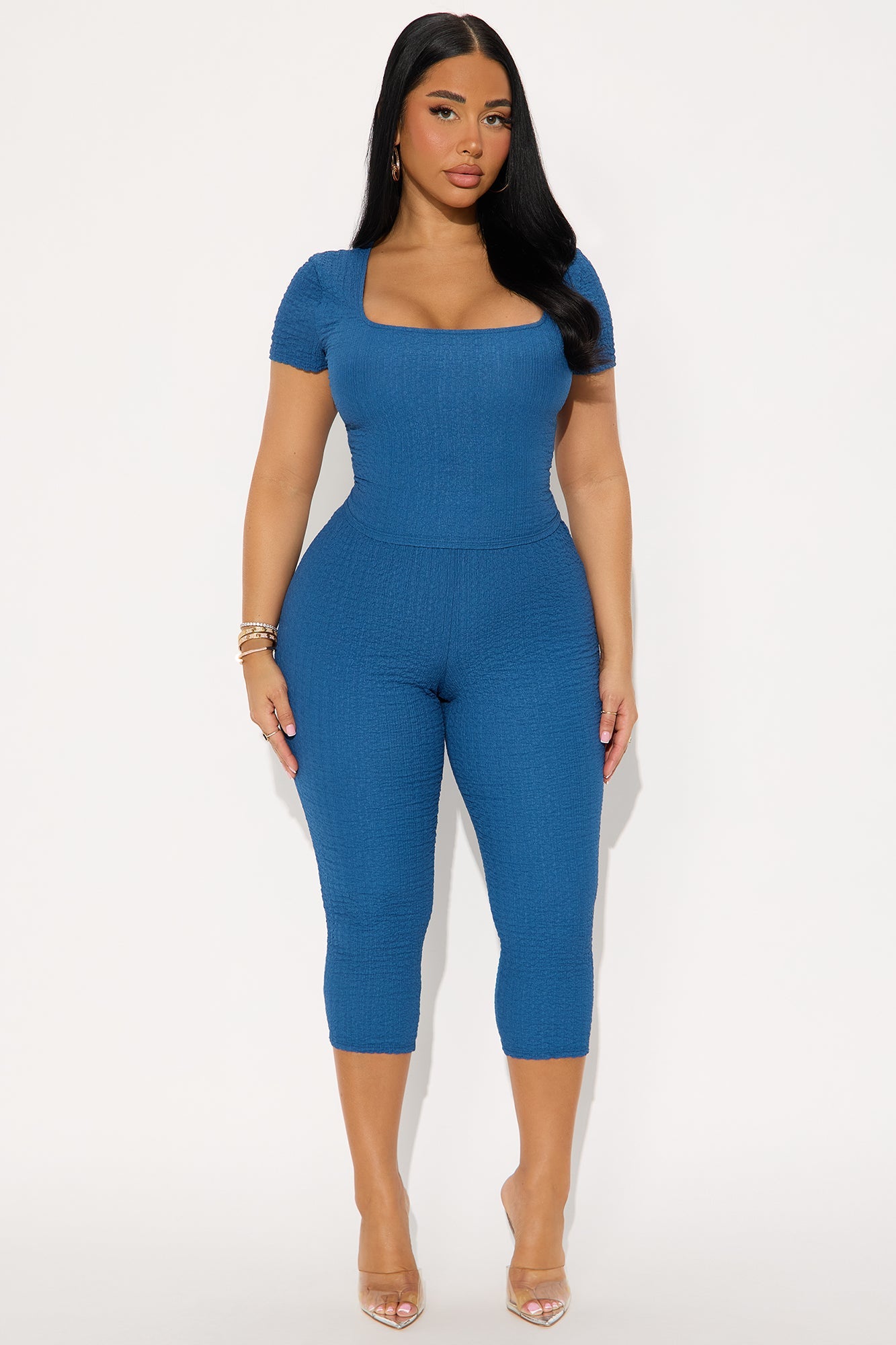 Delilah Textured Square Neck Capri Set - Indigo