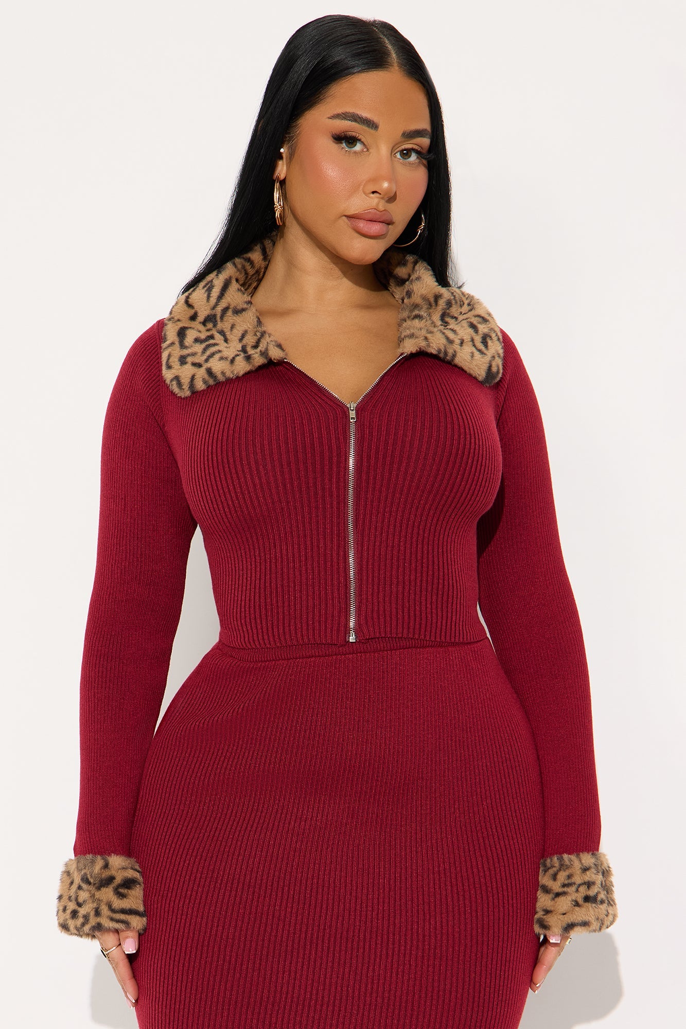 Haven Faux Fur Trim Ribbed Skirt Set - Wine 