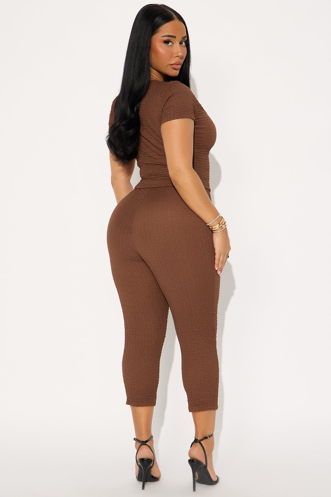 Delilah Textured Square Neck Capri Set - Brown