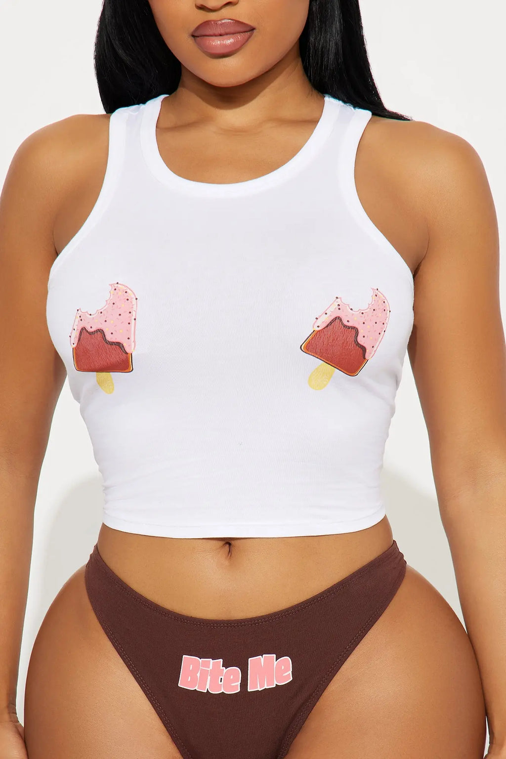 Just One Bite Cotton Tank And Panty 2 Piece Set - Brown 