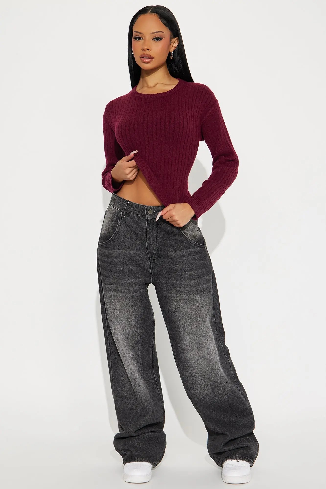 Chillin' It Cable Knit Sweater - Burgundy 