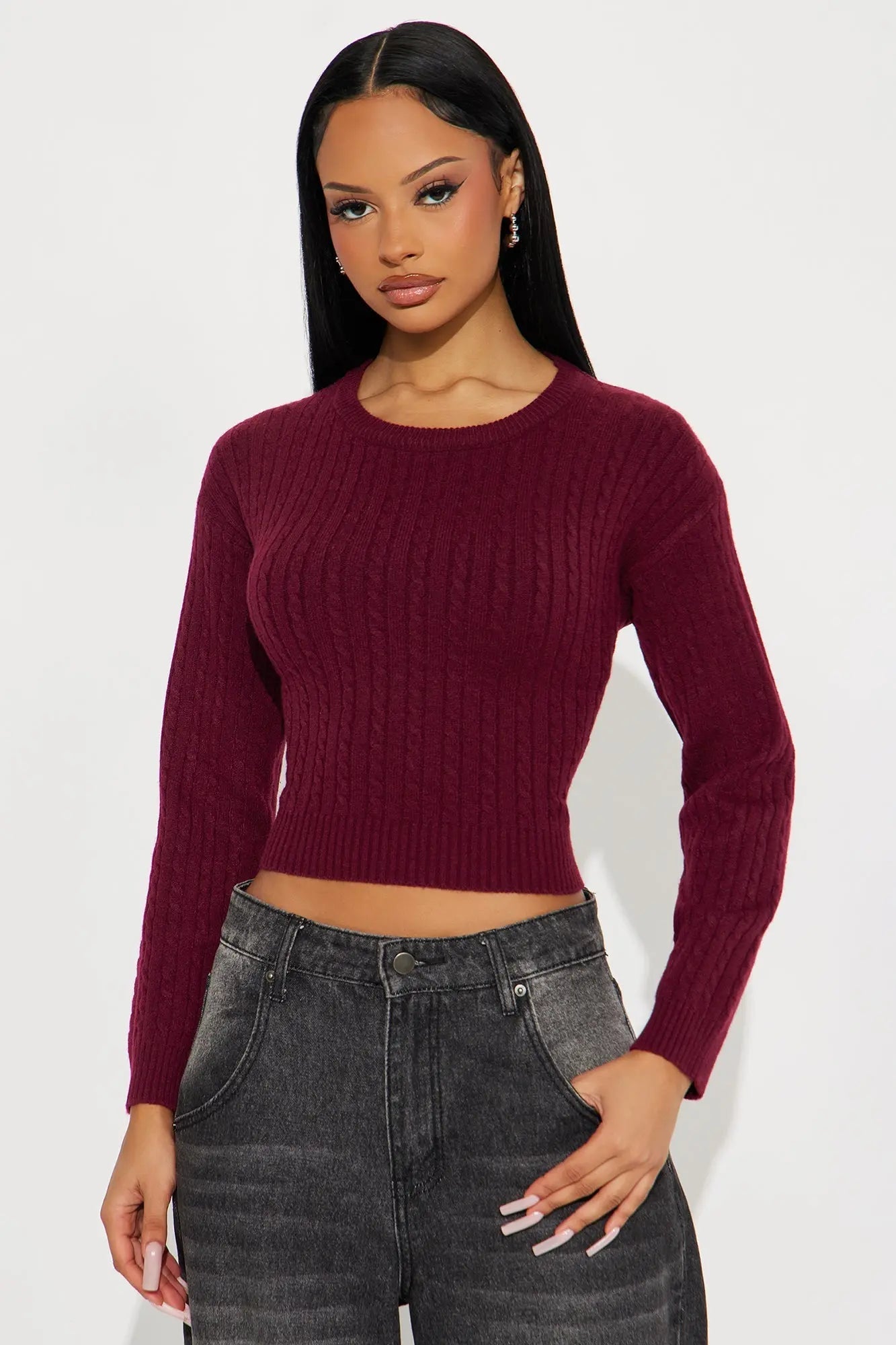 Chillin' It Cable Knit Sweater - Burgundy 