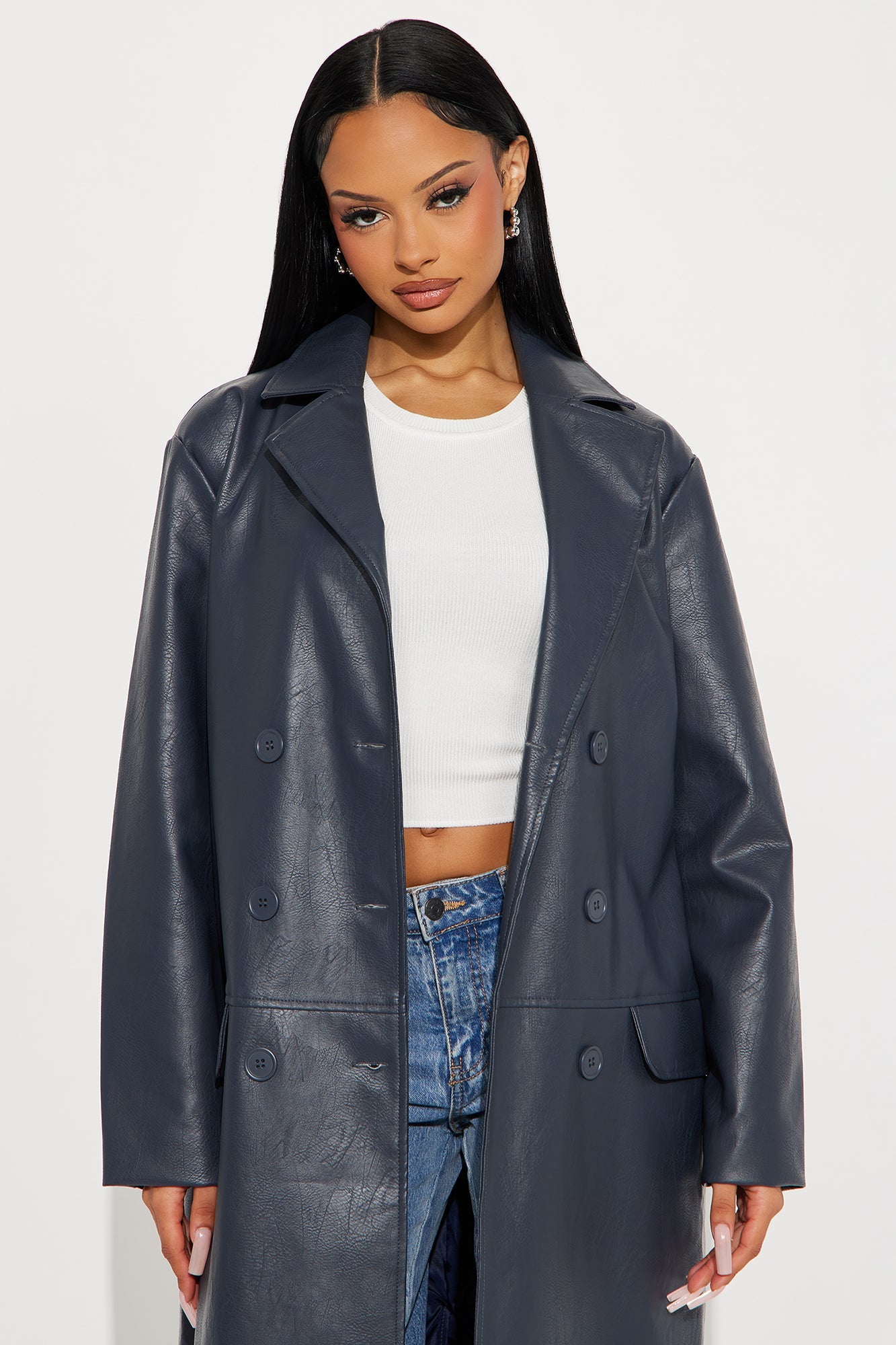Drew Faux Leather Double Breasted Coat - Navy 