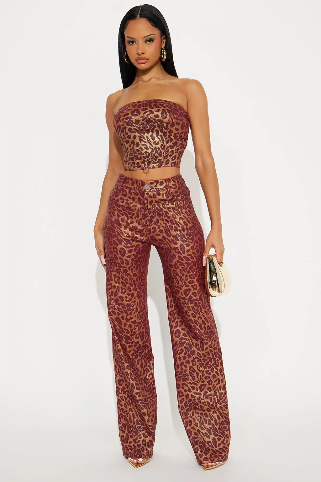 Divine Leopard Pant Set - Burgundy/combo 