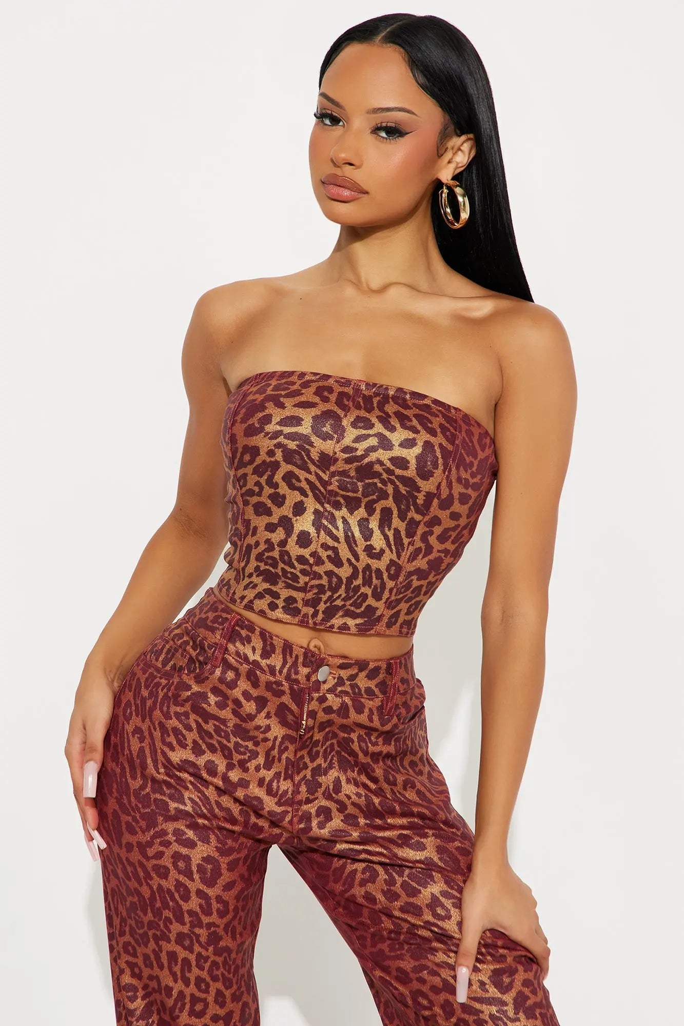 Divine Leopard Pant Set - Burgundy/combo 