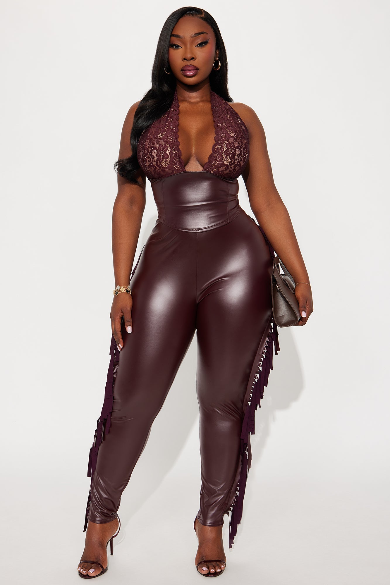Santina Faux Leather Halter Top - Burgundy
