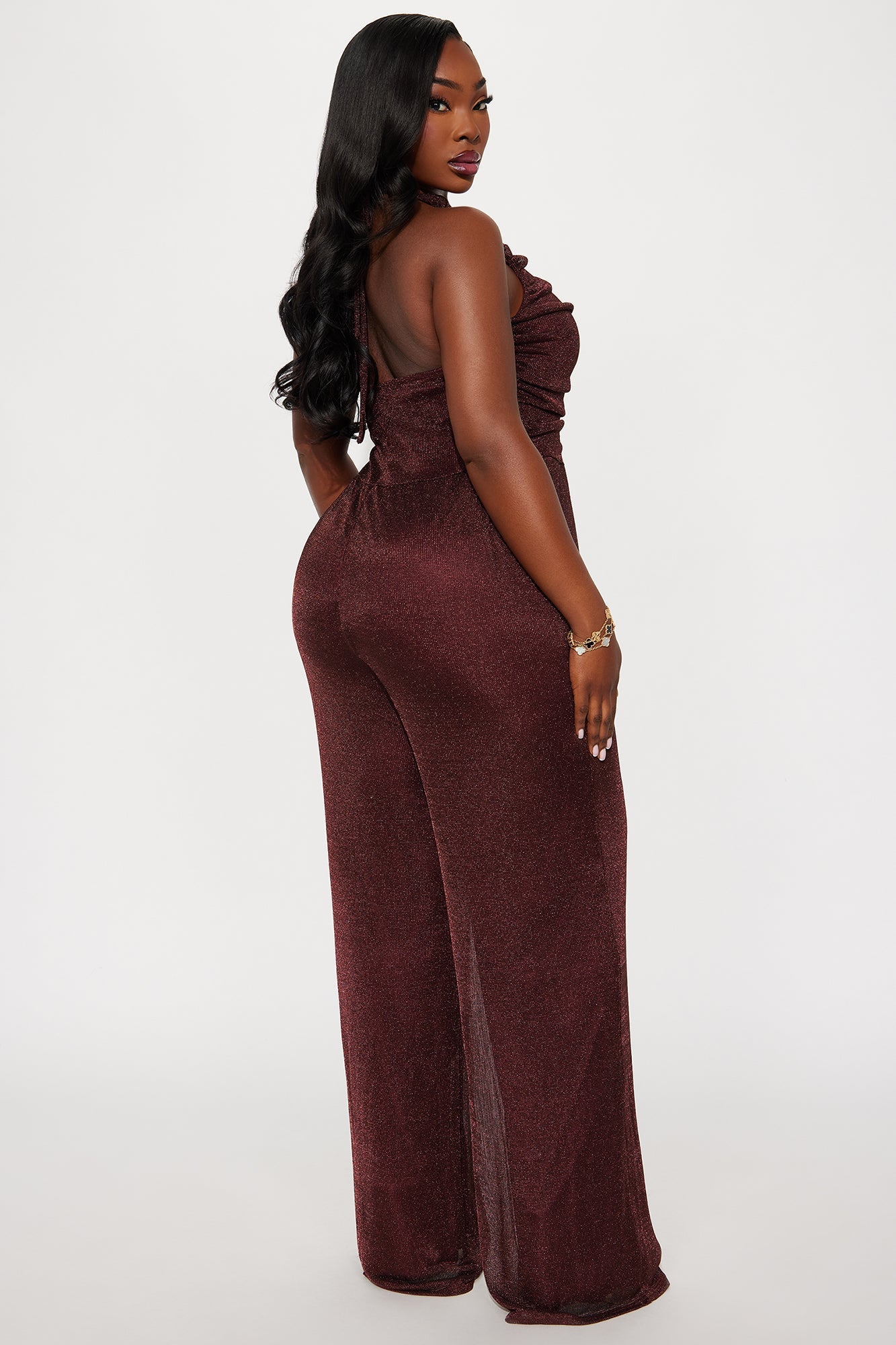 Mayorka Metallic Halter Jumpsuit - Burgundy