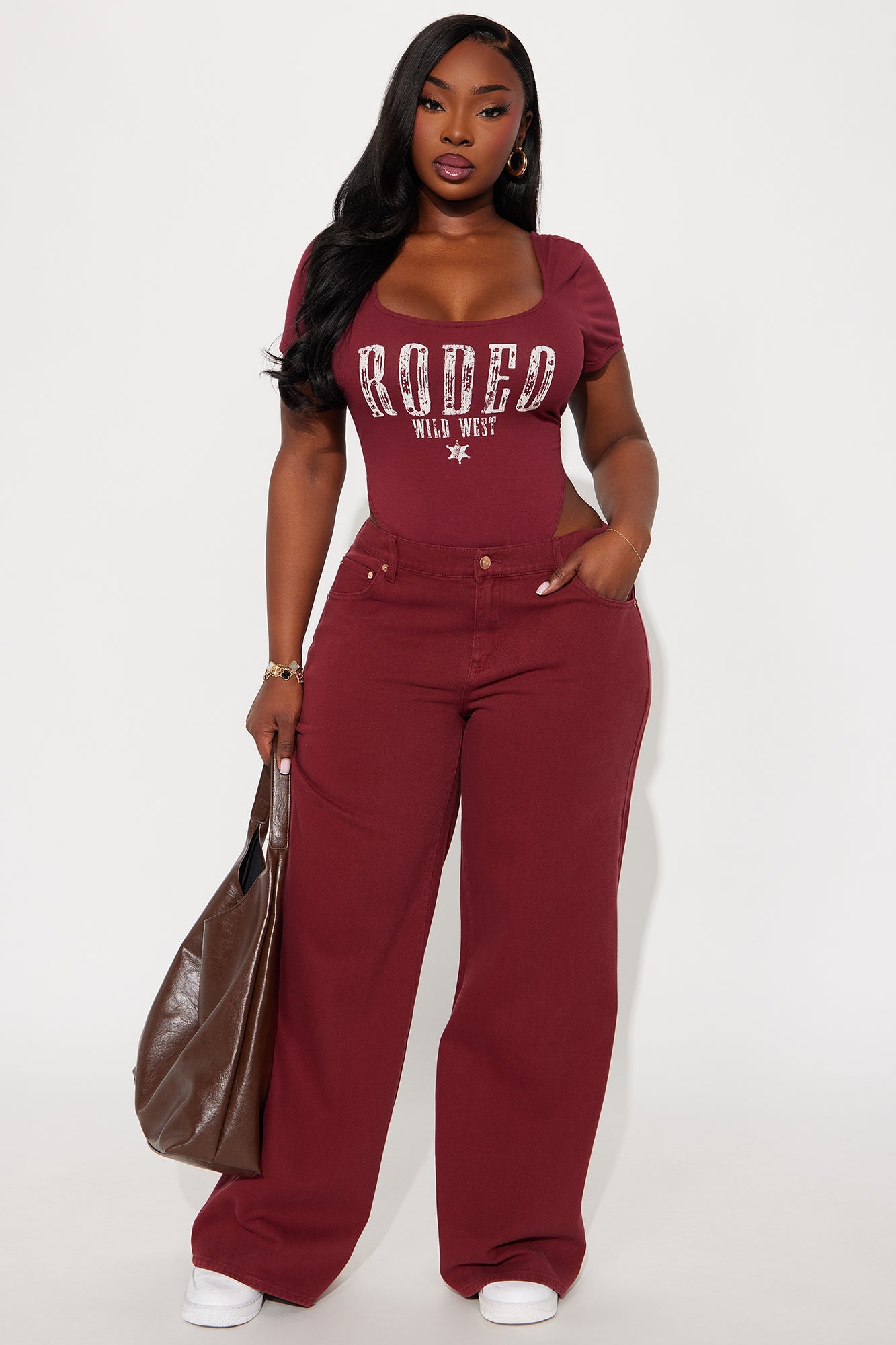 Rodeo Wild West Short Sleeve High Cut Bodysuit - Burgundy