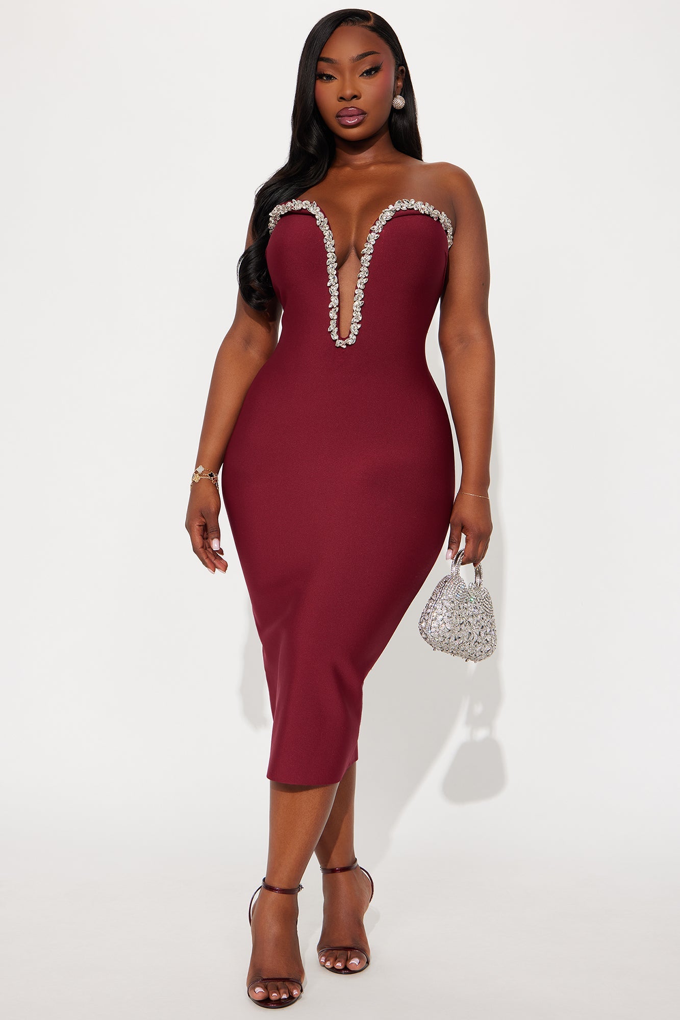 Sweetest Heart Embellished Midi Dress - Wine