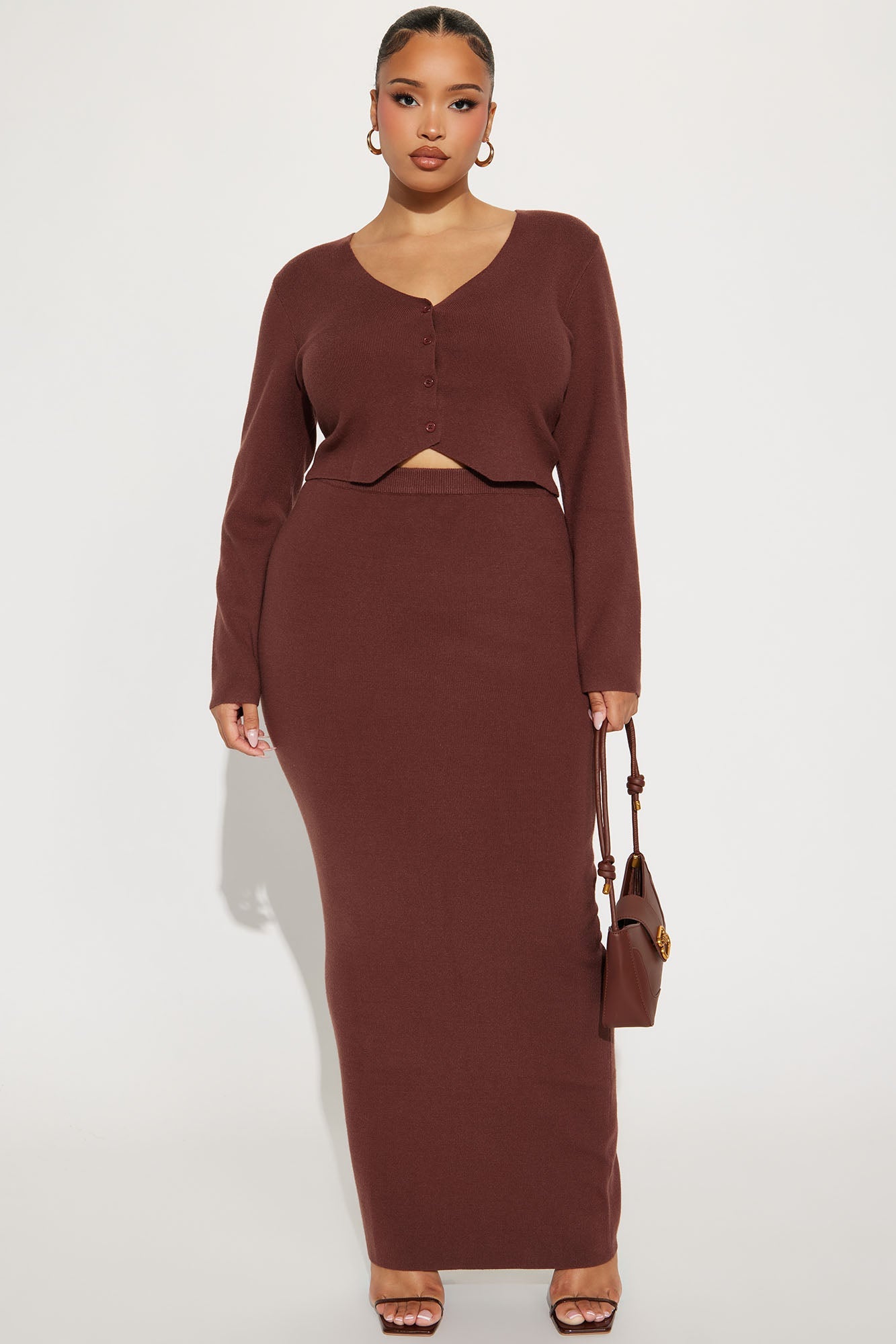 Along Came You Cardigan Maxi Skirt Set - Brown