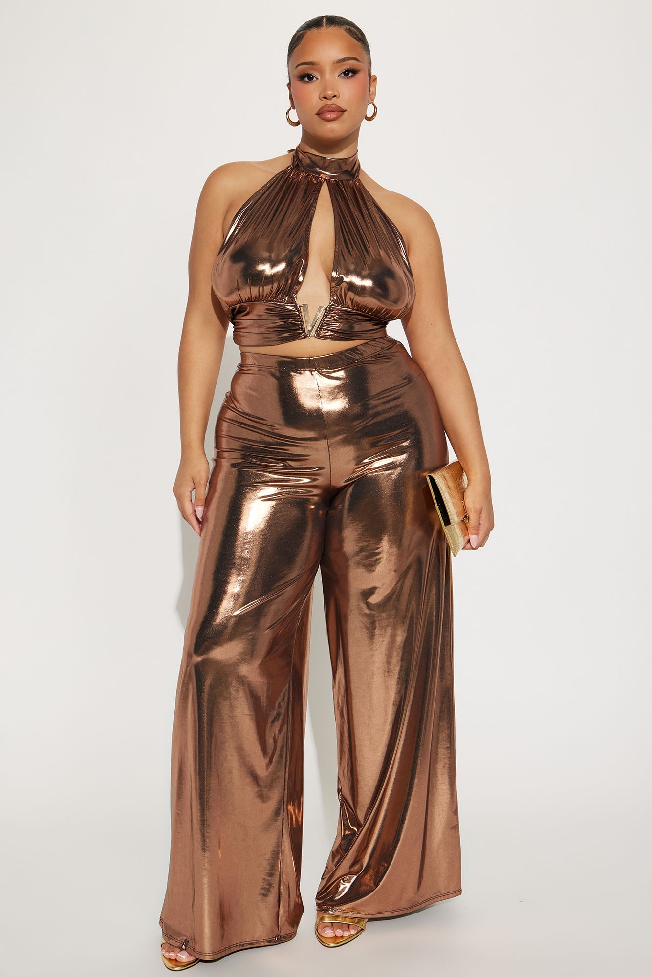 Hazel Halter Metallic Pant Set - Rose Gold