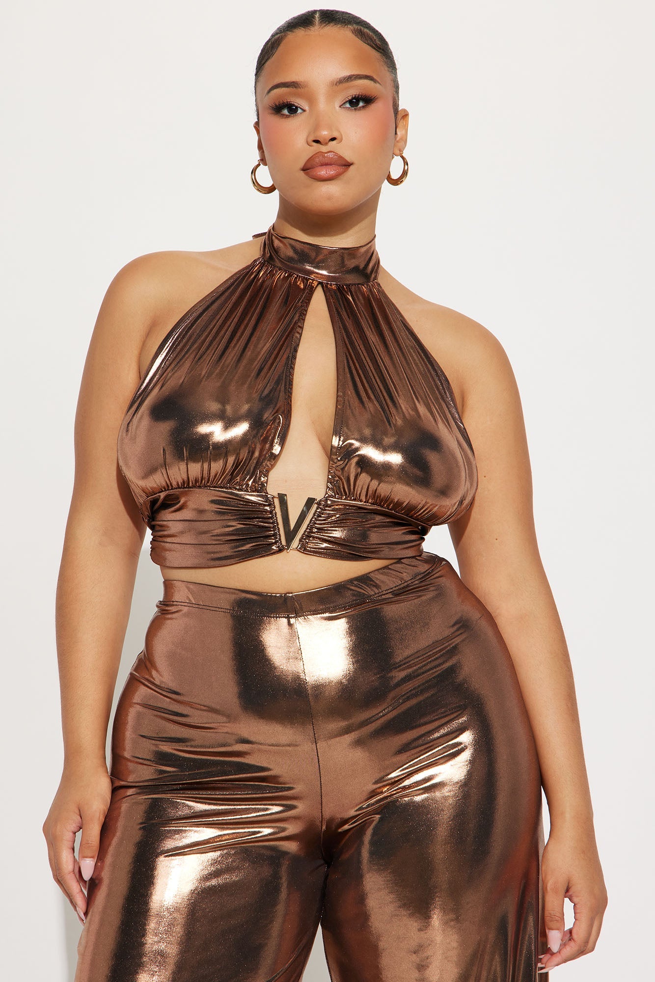 Hazel Halter Metallic Pant Set - Rose Gold