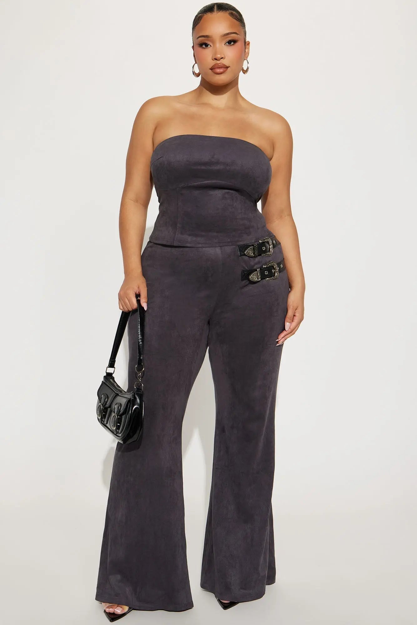 Buckle Up Faux Suede Belted Pant Set - Grey 