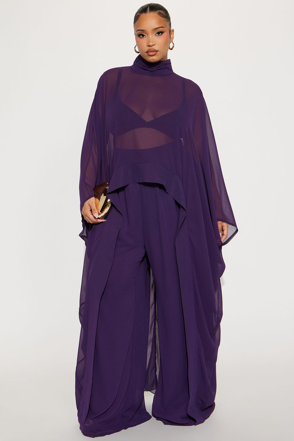Sheer Moment Draped Pant Set - Eggplant 