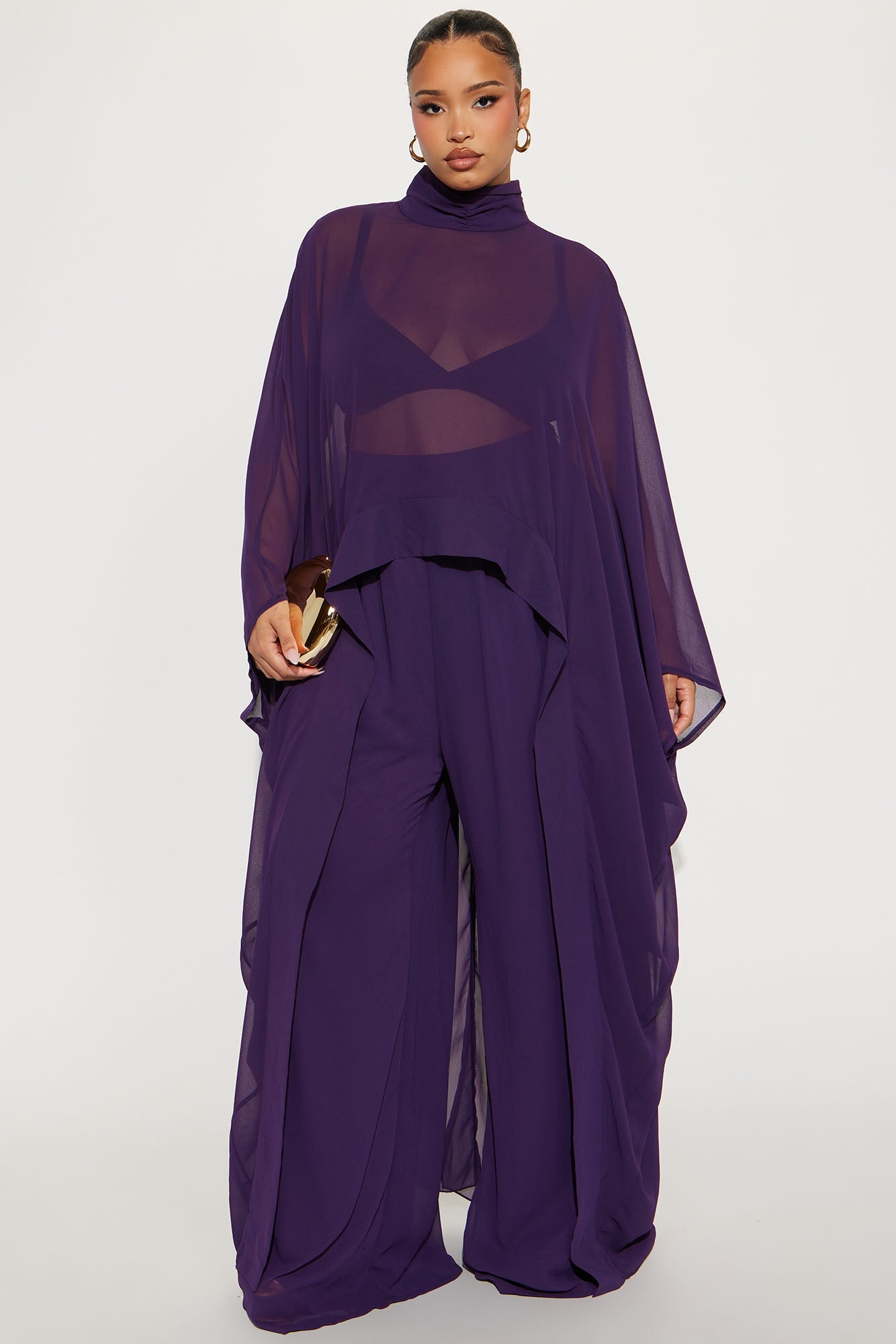 Sheer Moment Draped Pant Set - Eggplant 