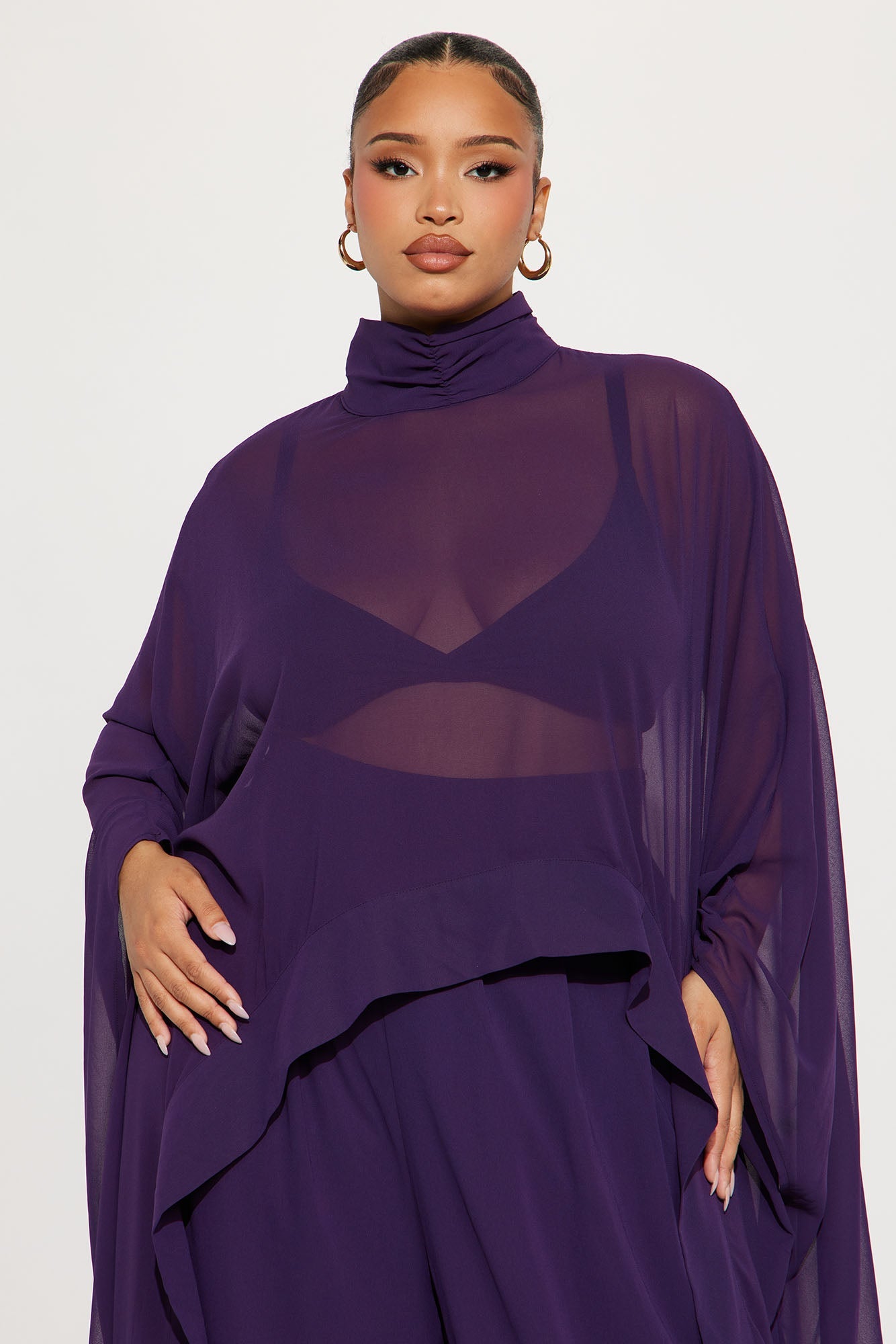 Sheer Moment Draped Pant Set - Eggplant 