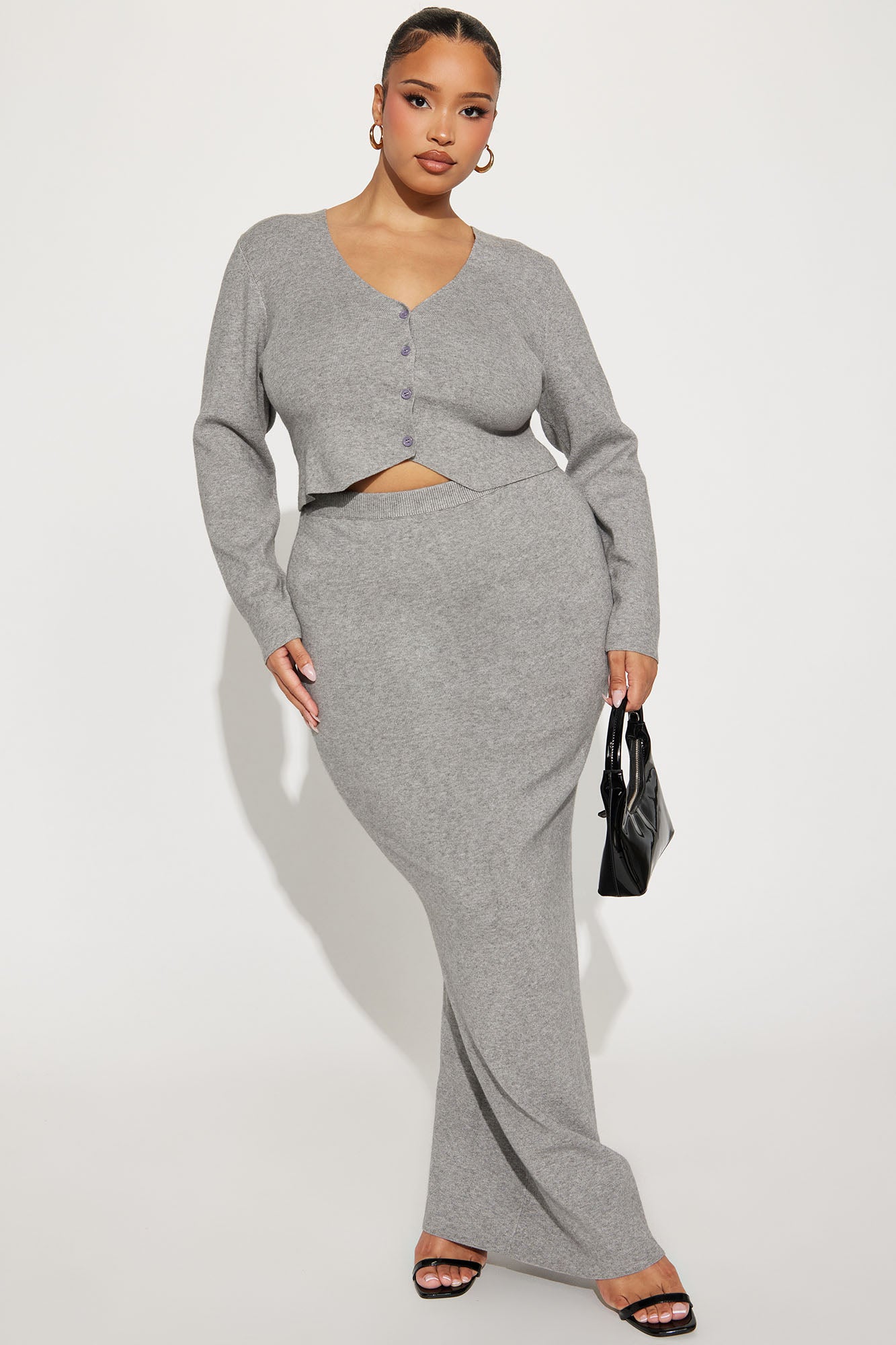 Along Came You Cardigan Maxi Skirt Set - Heather Grey