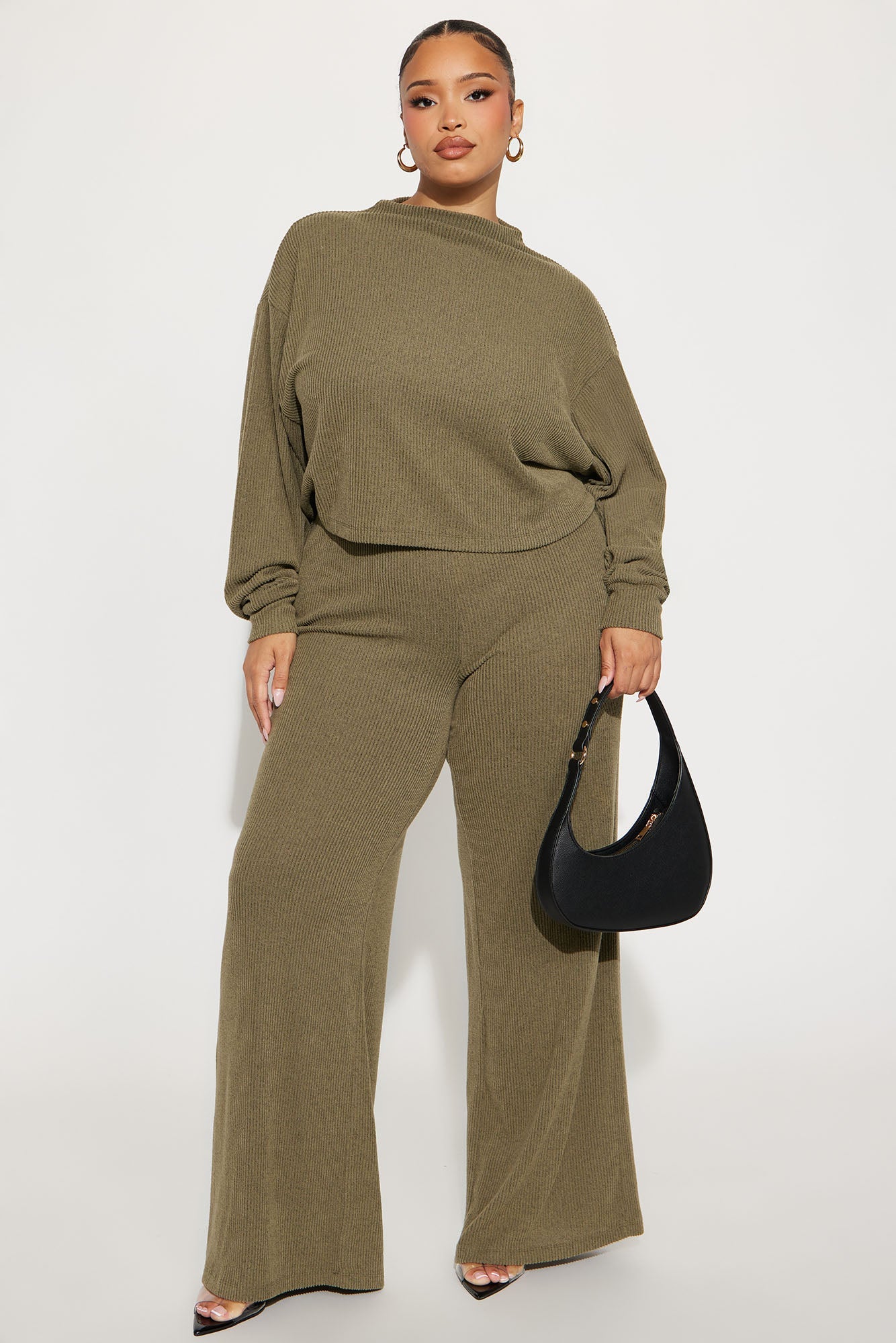 Sienna Soft Knit Wide Leg Pant Set - Olive