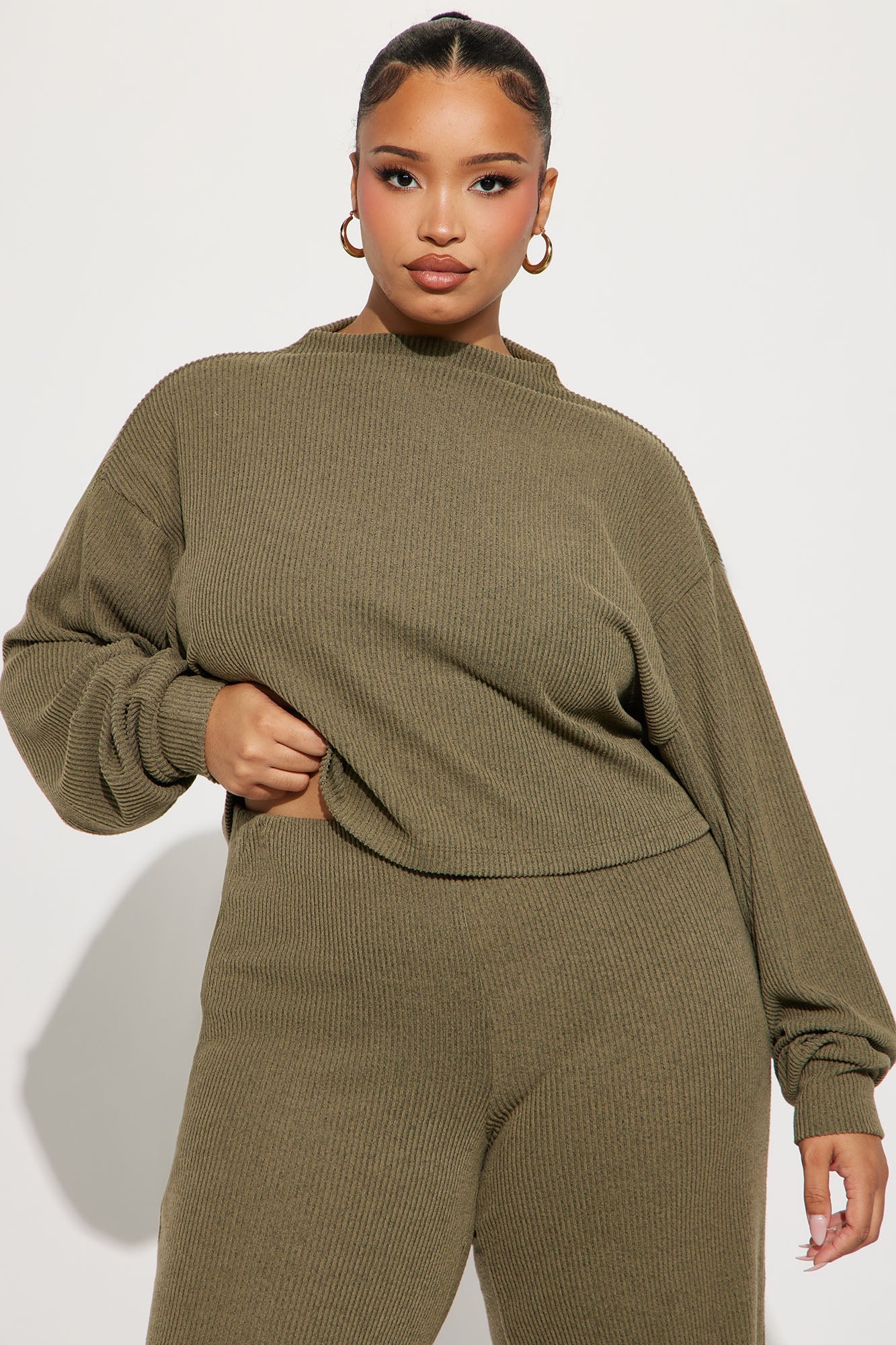 Sienna Soft Knit Wide Leg Pant Set - Olive