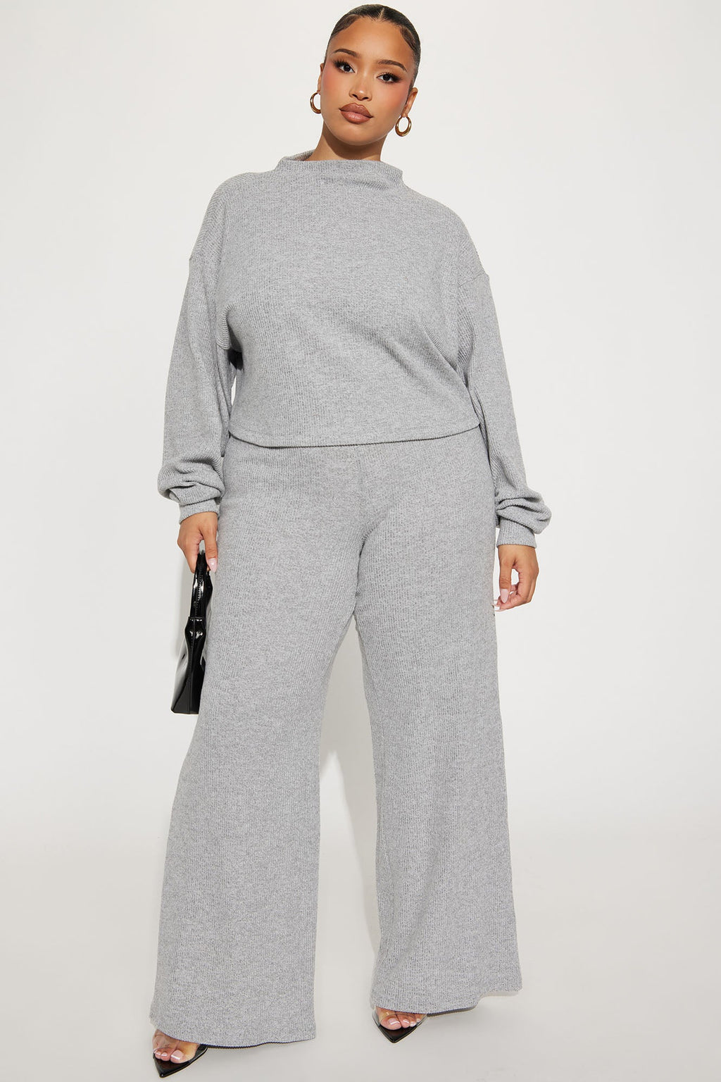 Sienna Soft Knit Wide Leg Pant Set - Heather Grey