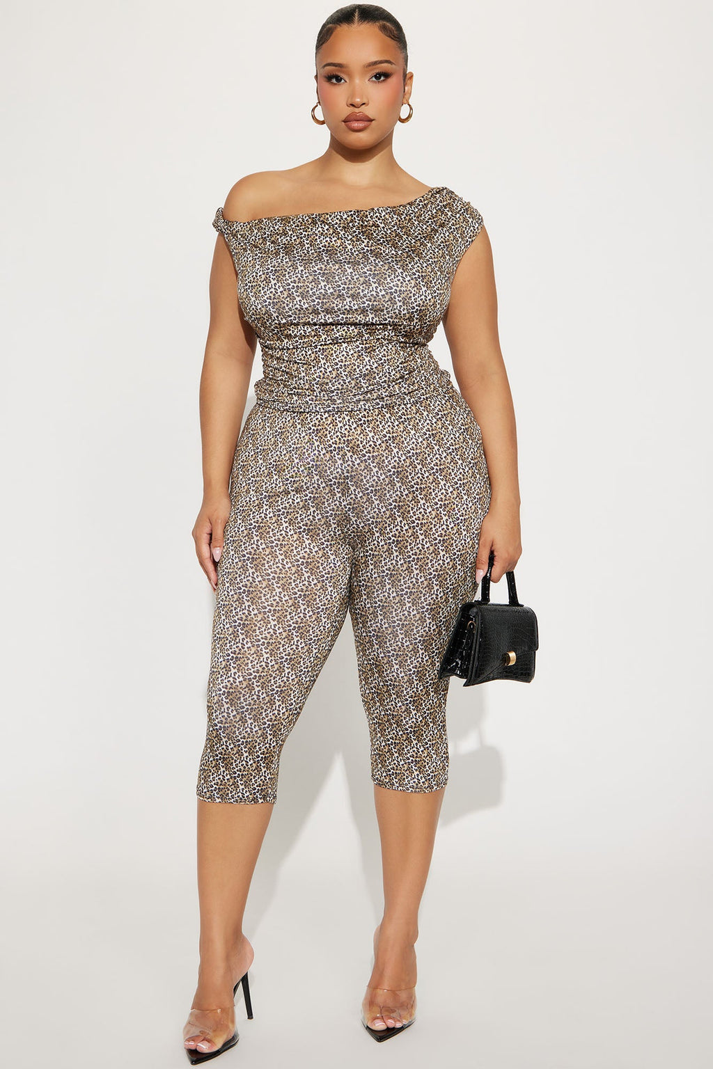 Amara One Shoulder Leopard Capri Pant Set - Brown/combo