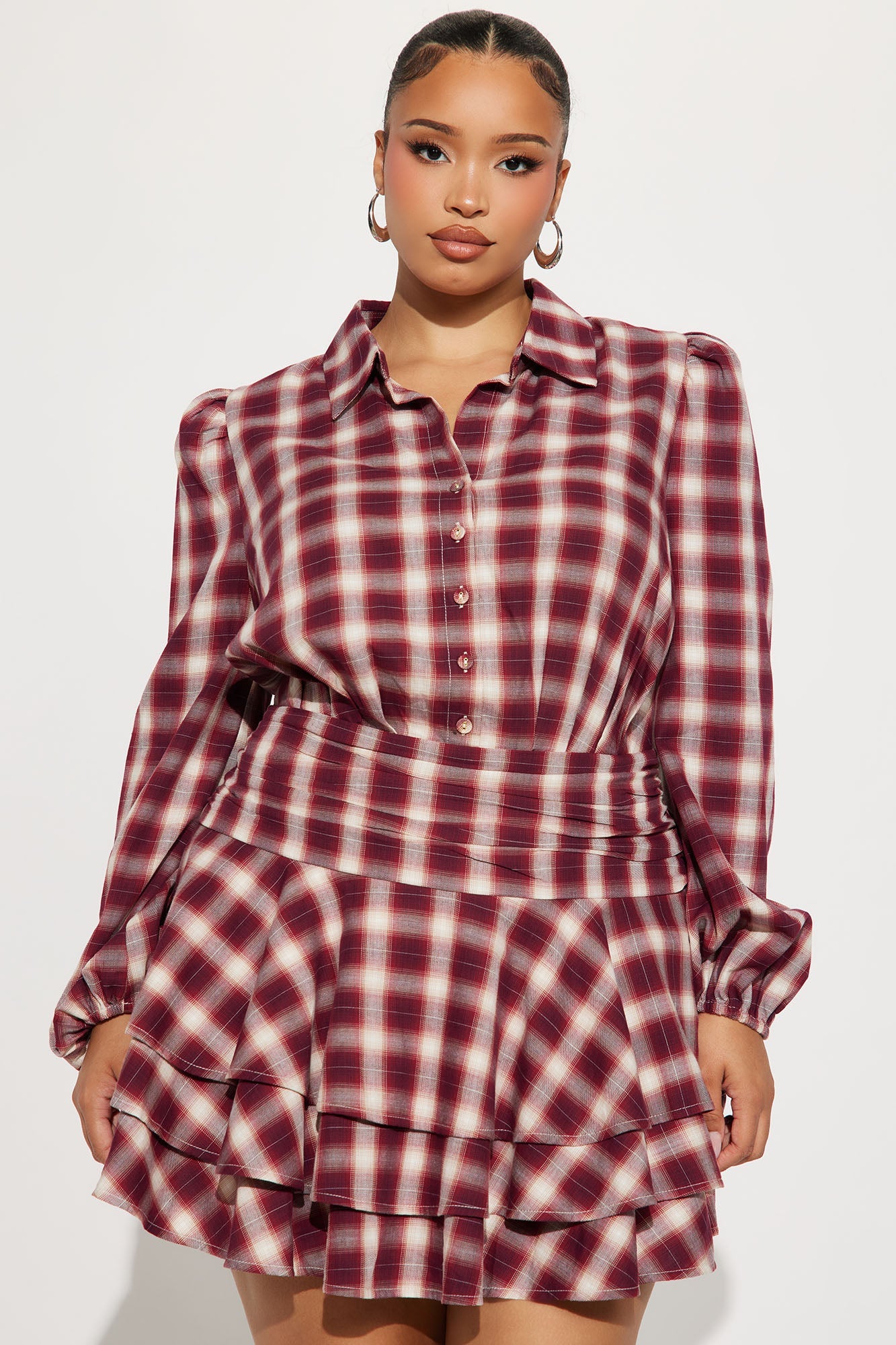 Pricilla Ruffle Flannel Micro Mini Dress - Red/combo