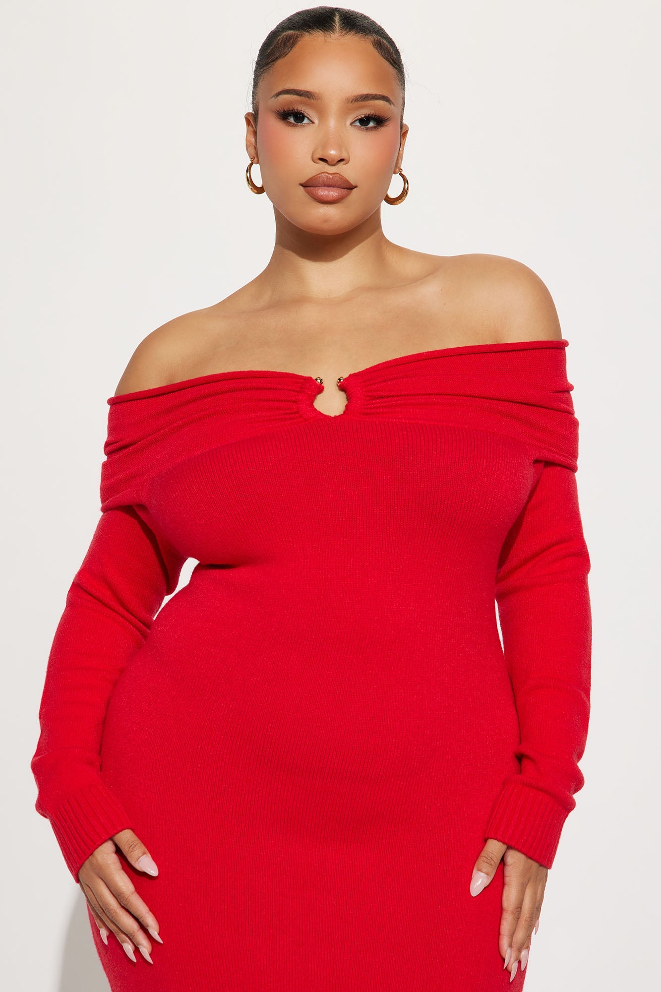 Emily Long Sleeve Sweater Midi Dress - Red