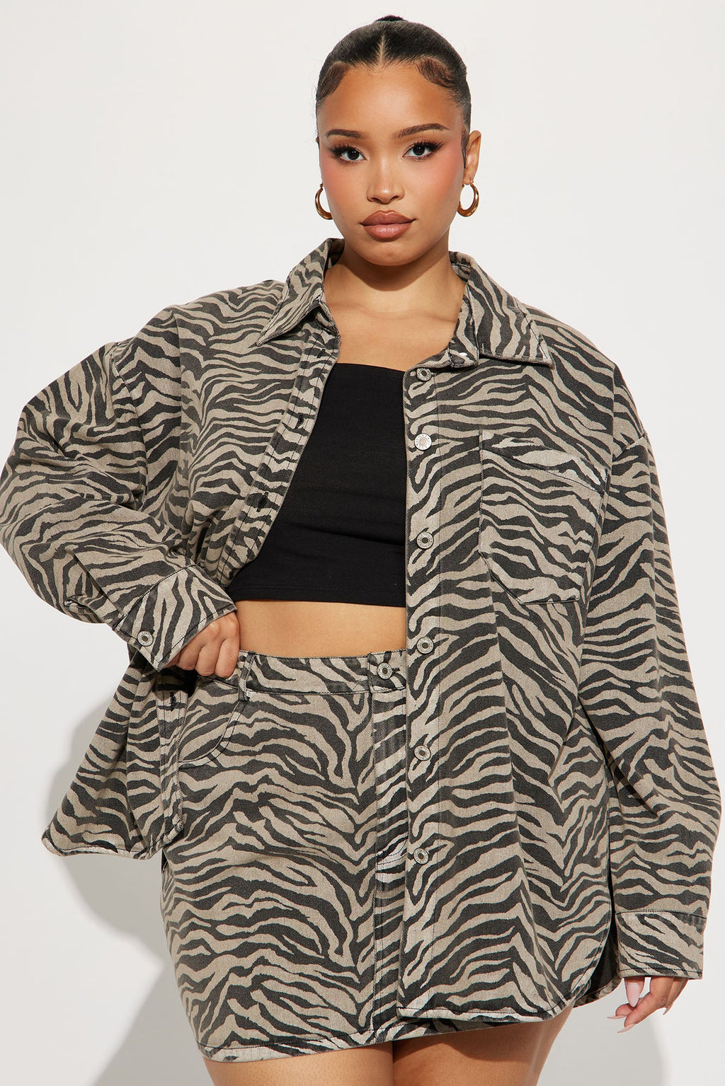 Kamila Denim Zebra Print Jacket Skirt Set - Sand/combo