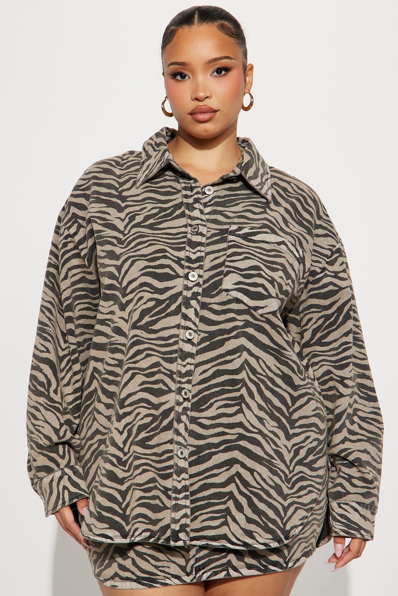 Kamila Denim Zebra Print Jacket Skirt Set - Sand/combo
