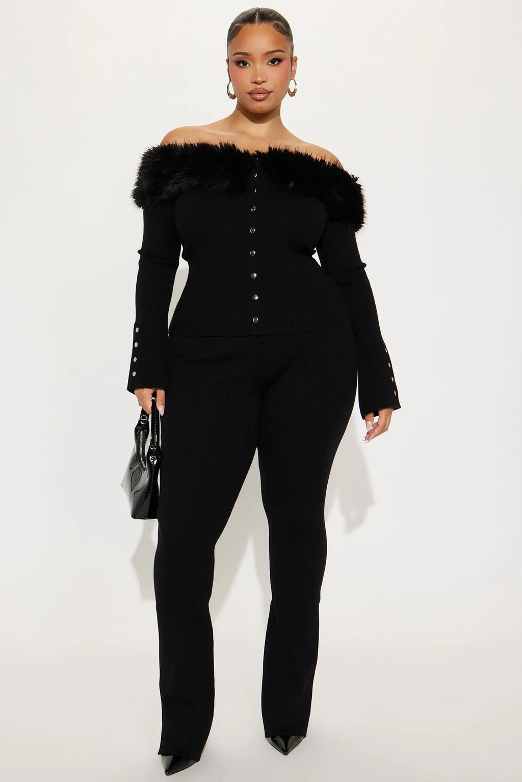 Vera Fur Trim Cardigan Flare Pant Set - Black 