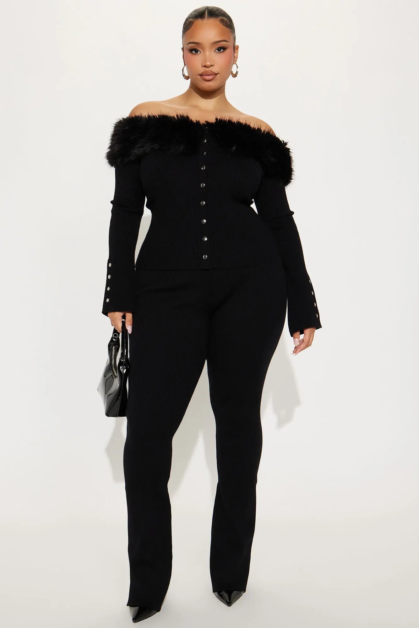 Vera Fur Trim Cardigan Flare Pant Set - Black 