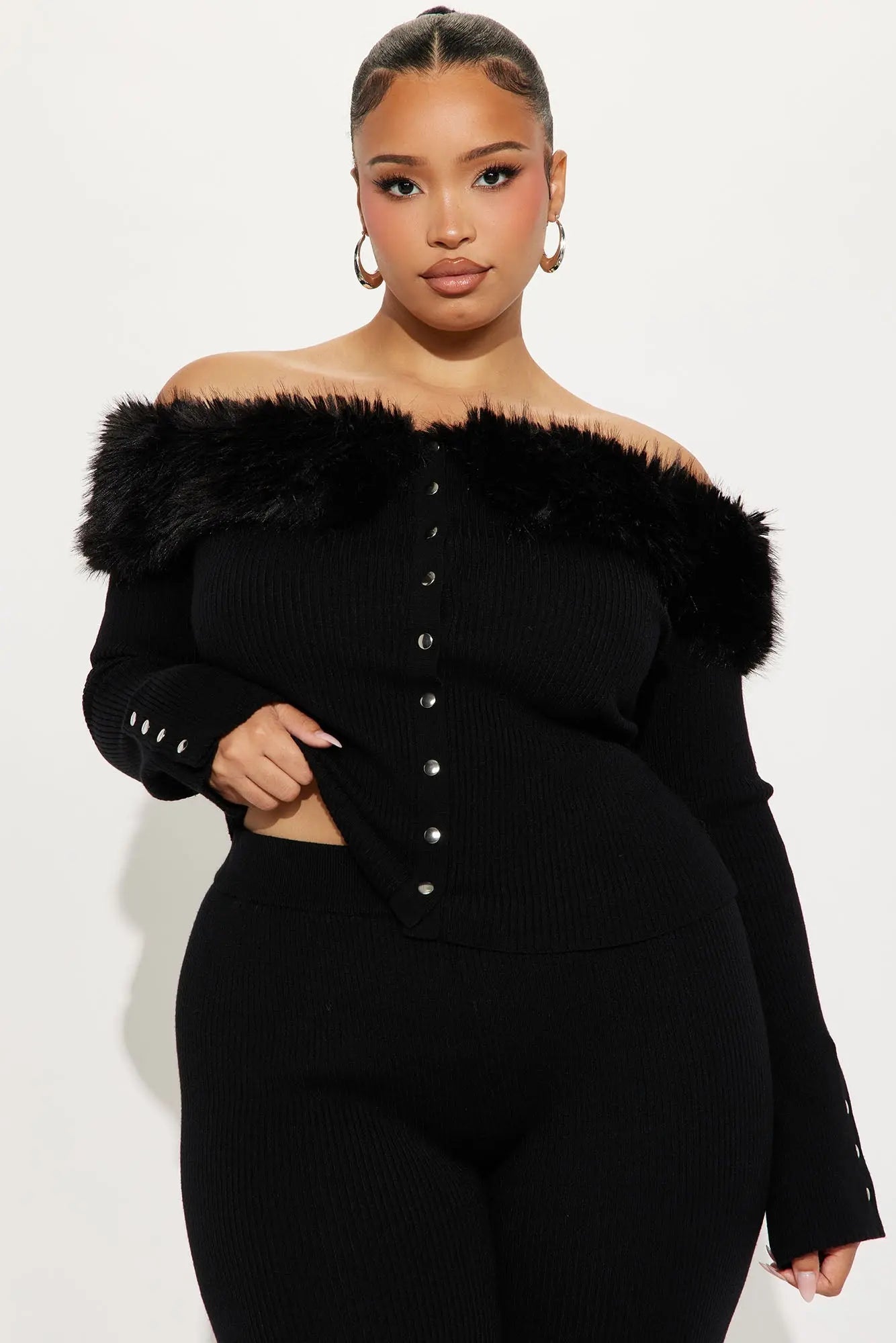 Vera Fur Trim Cardigan Flare Pant Set - Black 