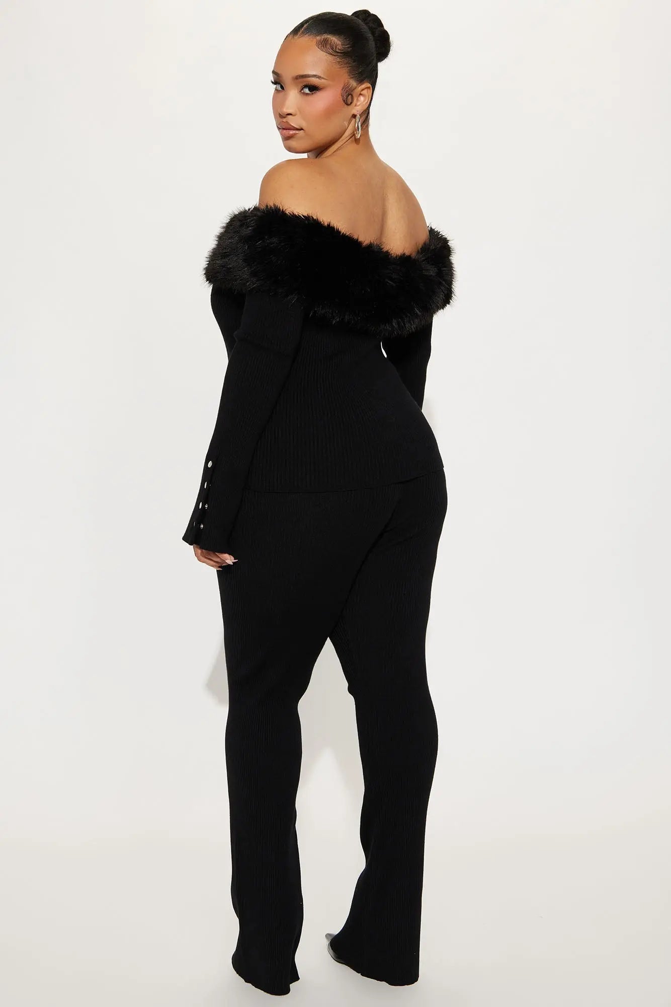 Vera Fur Trim Cardigan Flare Pant Set - Black 
