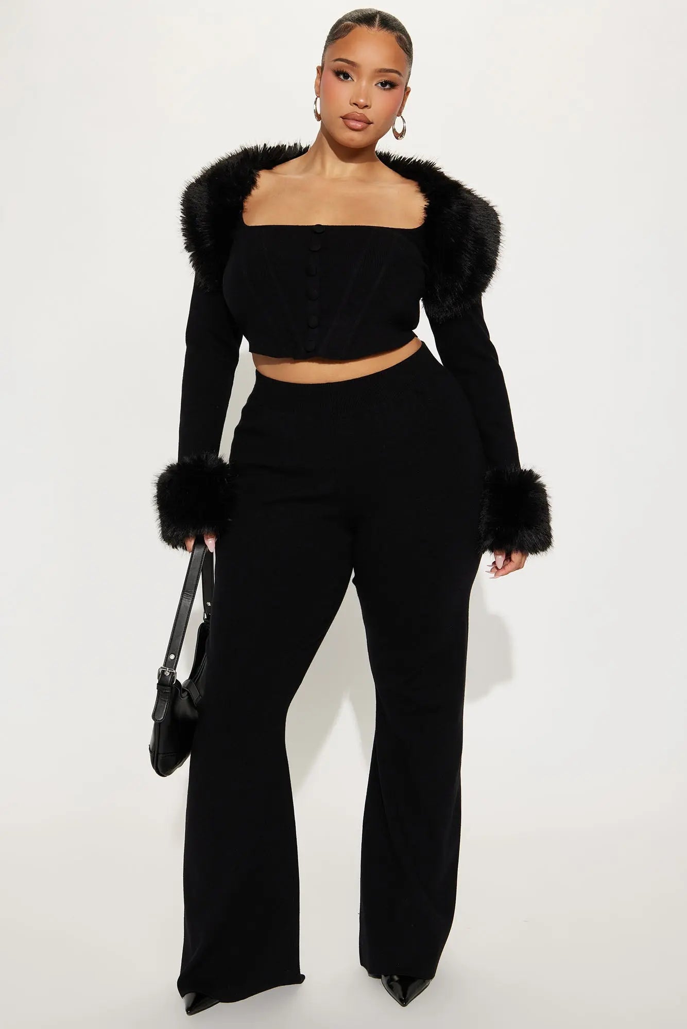 Pure Intentions Fur Trim Sweater Pant Set - Black 
