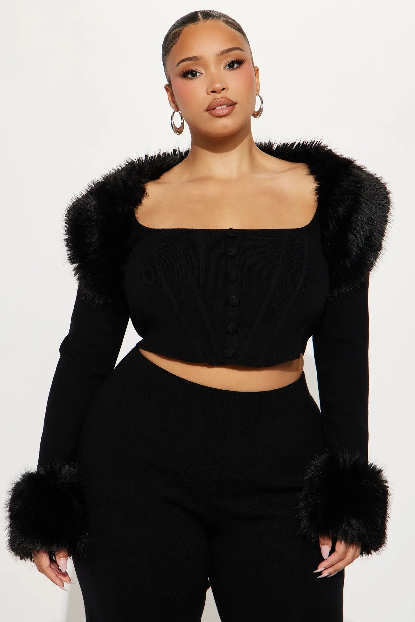 Pure Intentions Fur Trim Sweater Pant Set - Black 