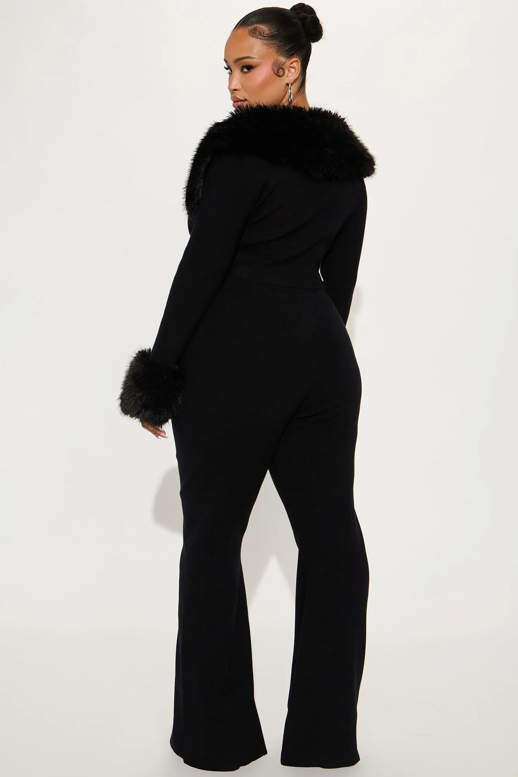 Pure Intentions Fur Trim Sweater Pant Set - Black 