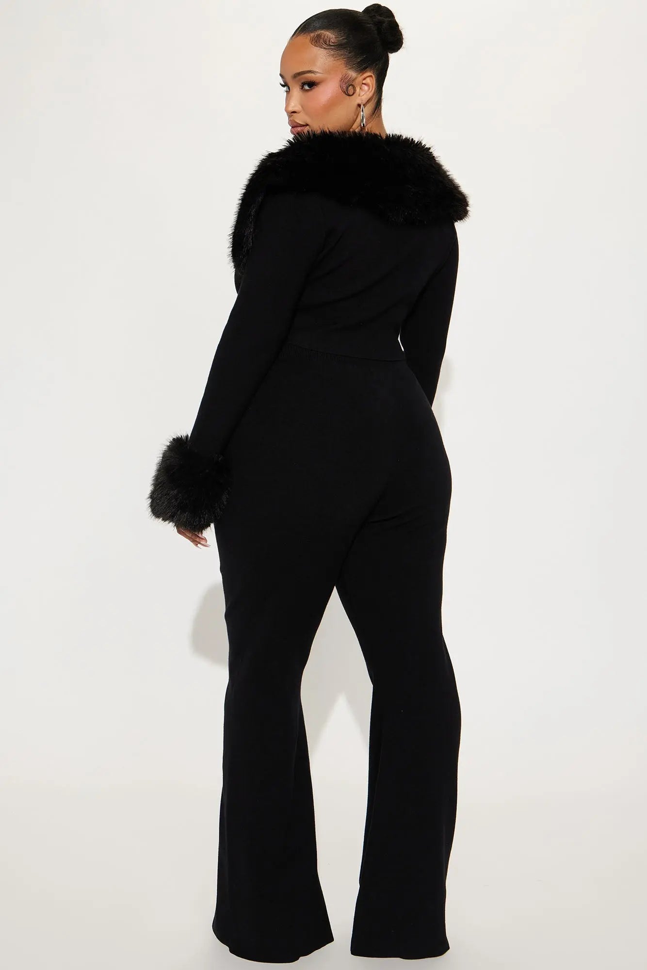 Pure Intentions Fur Trim Sweater Pant Set - Black 