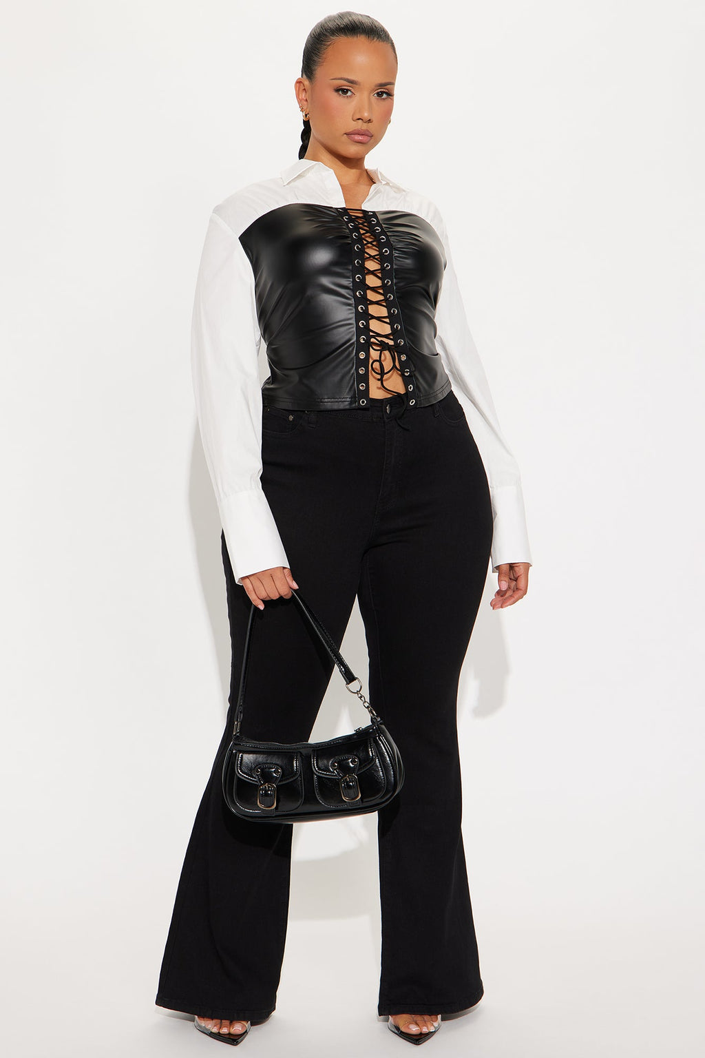 Main Character Poplin Contrast Faux Leather Top - Black/White