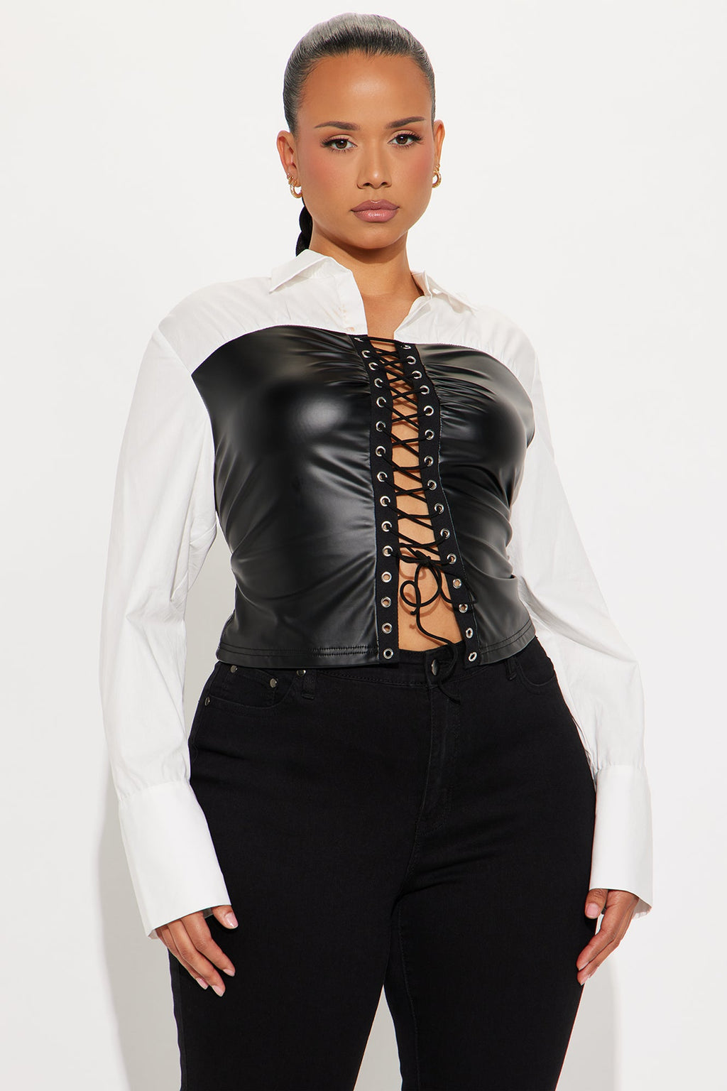 Main Character Poplin Contrast Faux Leather Top - Black/White