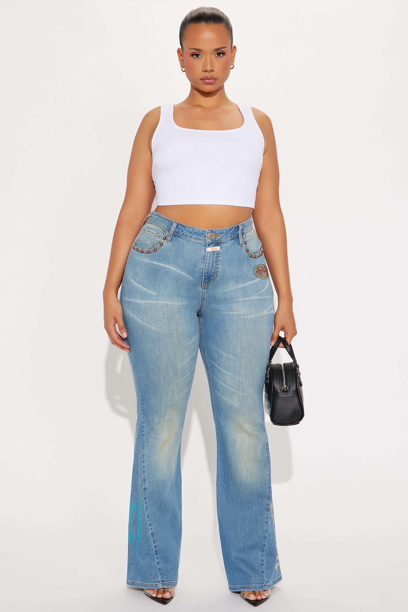 Von Dutch Studded Low Rise Flare Jeans - Medium Wash