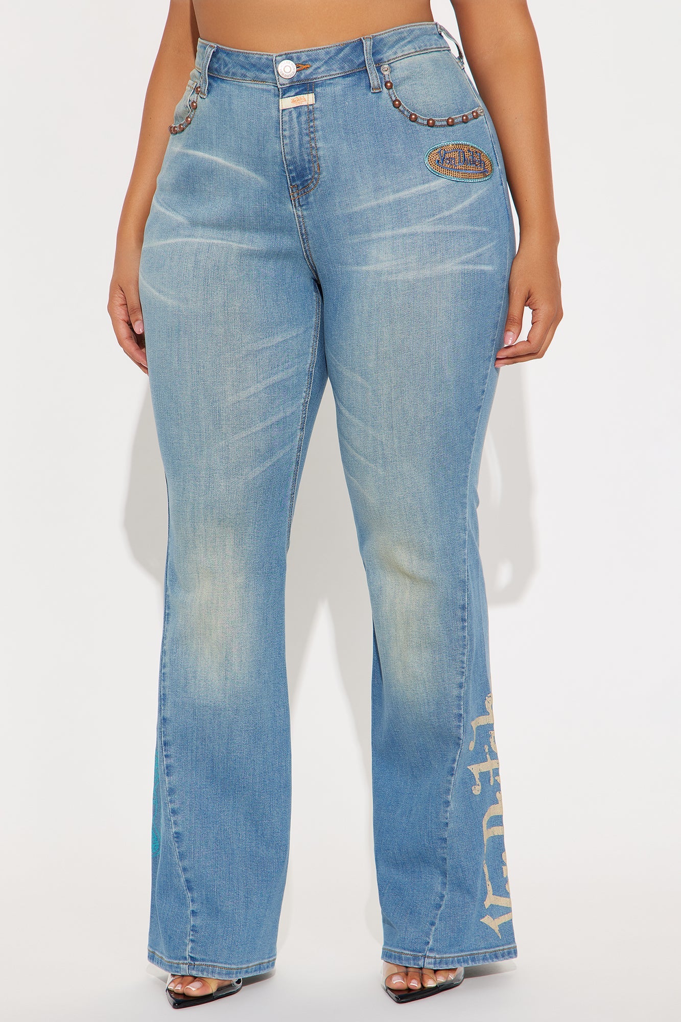 Von Dutch Studded Low Rise Flare Jeans - Medium Wash