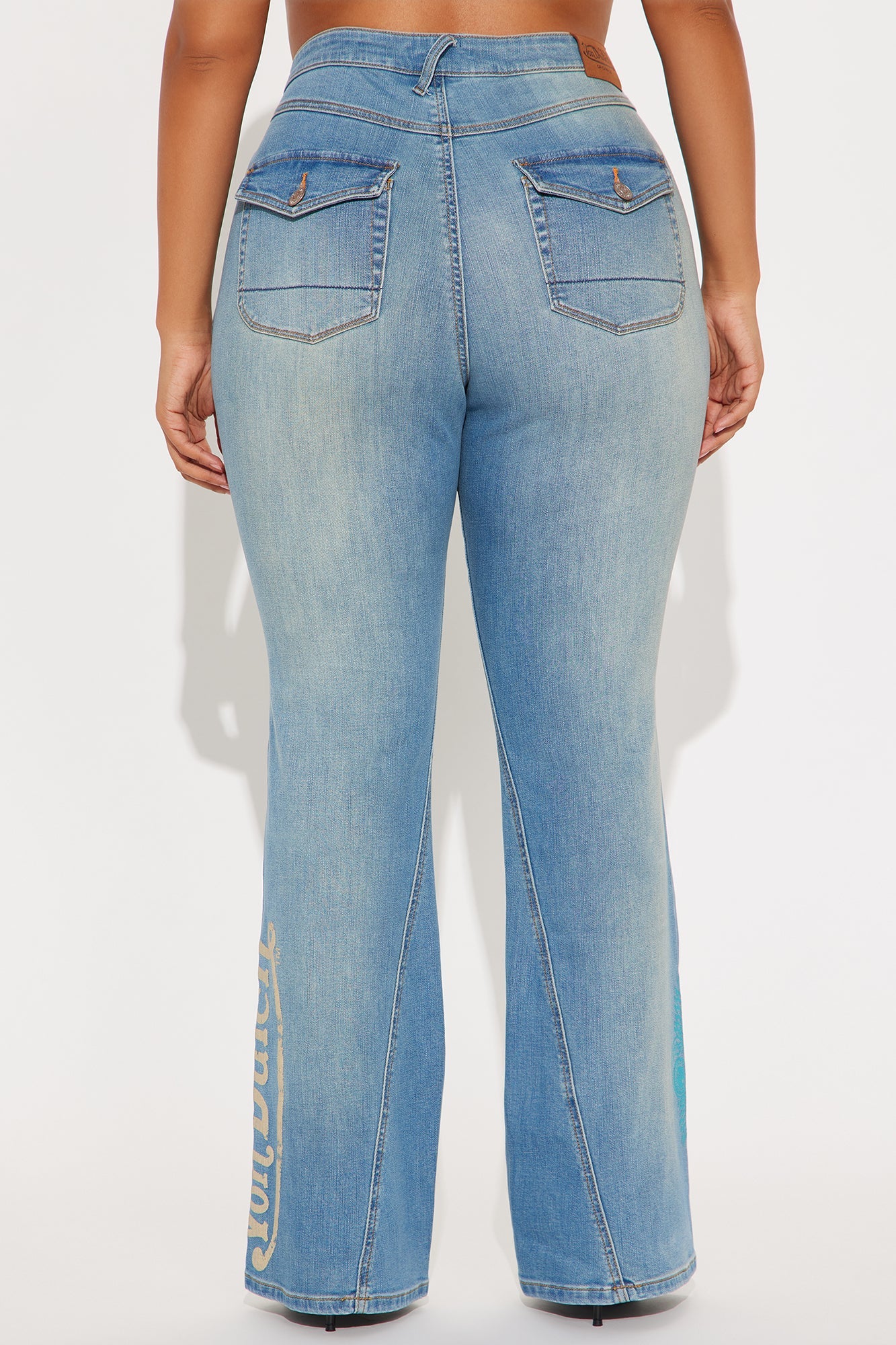 Von Dutch Studded Low Rise Flare Jeans - Medium Wash