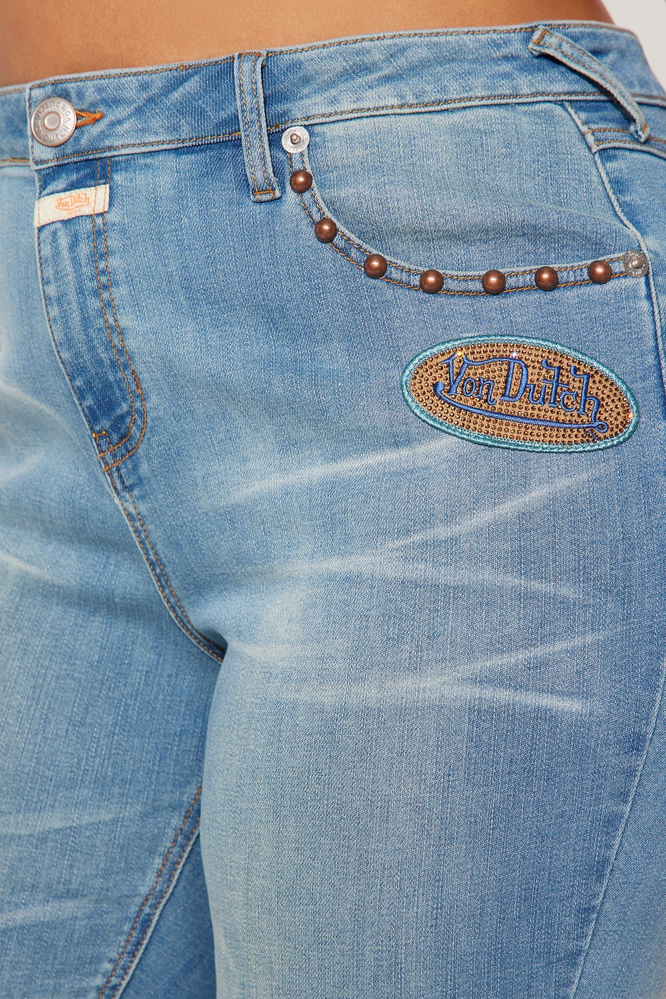 Von Dutch Studded Low Rise Flare Jeans - Medium Wash