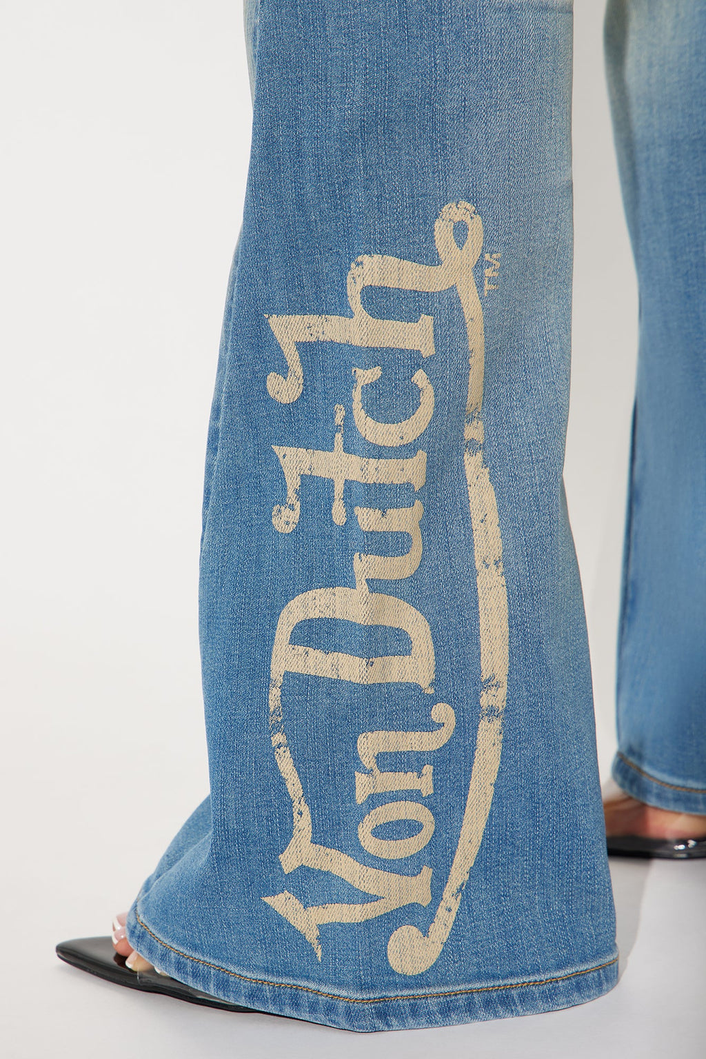Von Dutch Studded Low Rise Flare Jeans - Medium Wash