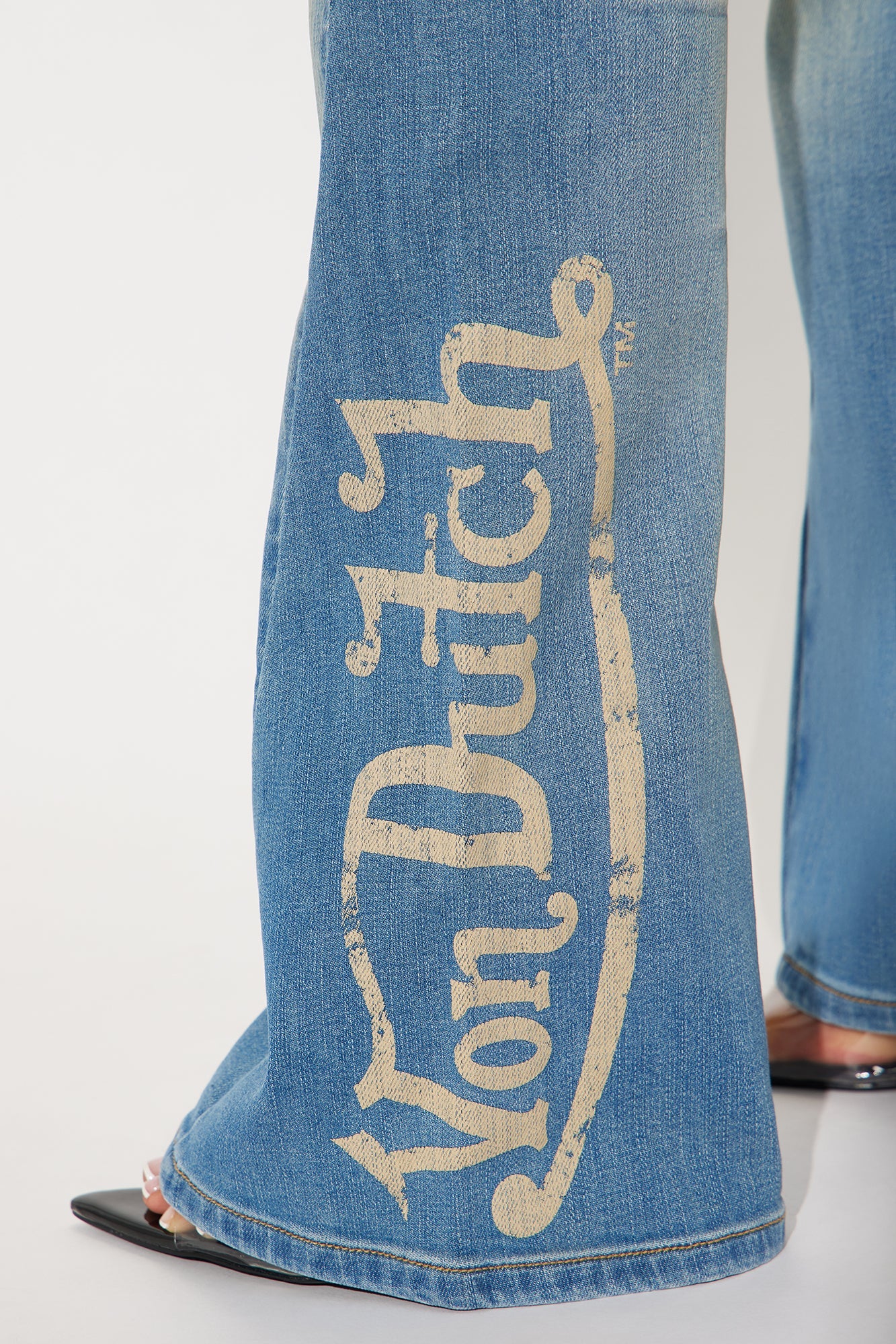 Von Dutch Studded Low Rise Flare Jeans - Medium Wash